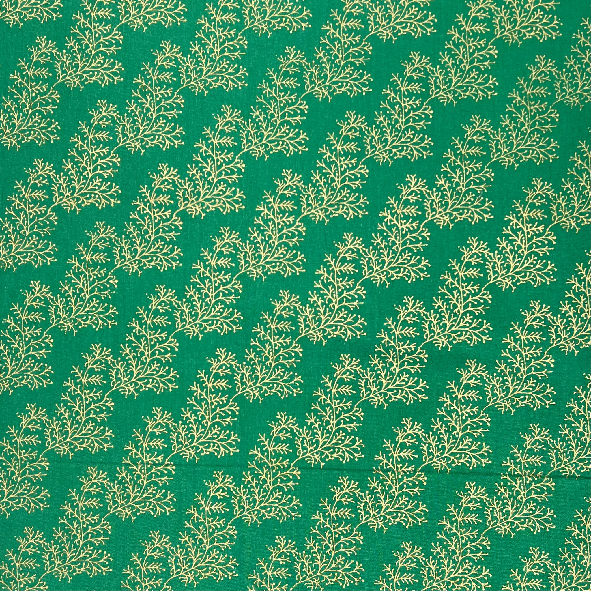 Per Metre Digitally Printed Gold Foil Christmas 100% Cotton- 45" Wide (Green Pop)