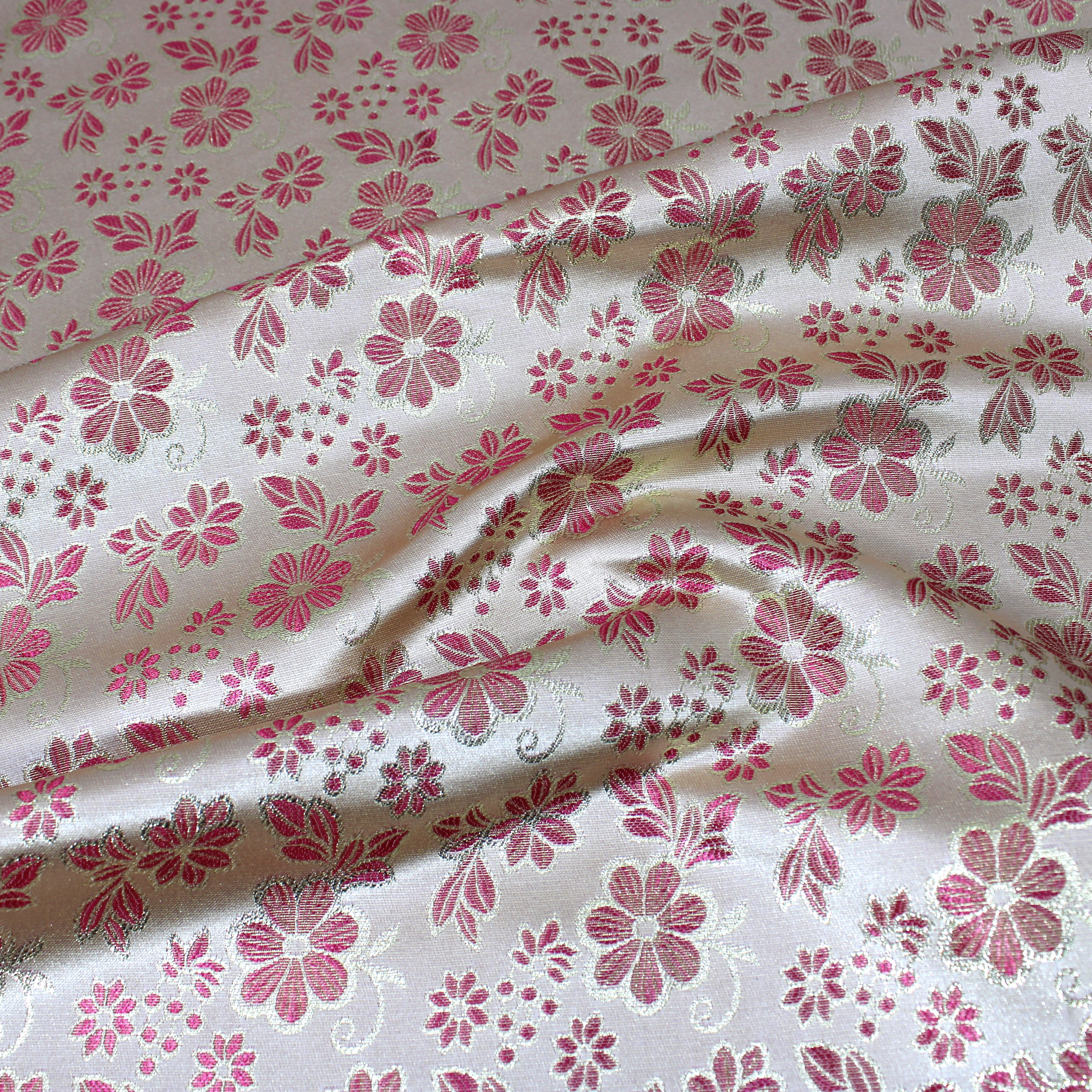 Premium Heavyweight Floral Brocade 'WHITE & PINK' - 55" Wide (Per Metre)