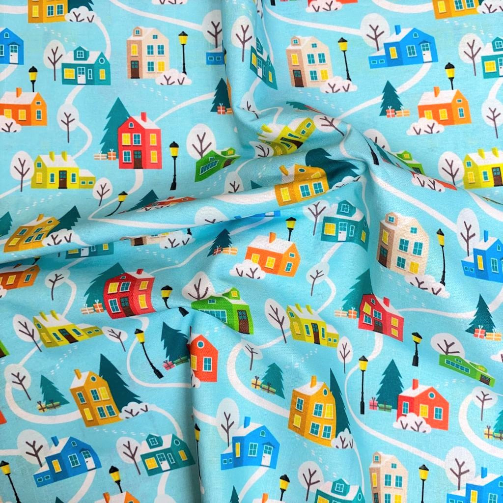 Printed Christmas Cotton, 'House' - 45" Wide