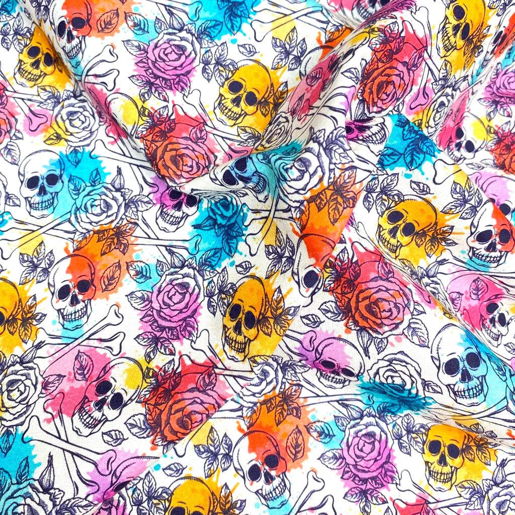 Halloween Themed Cotton, 'Flowers & Skull' - 45" Wide