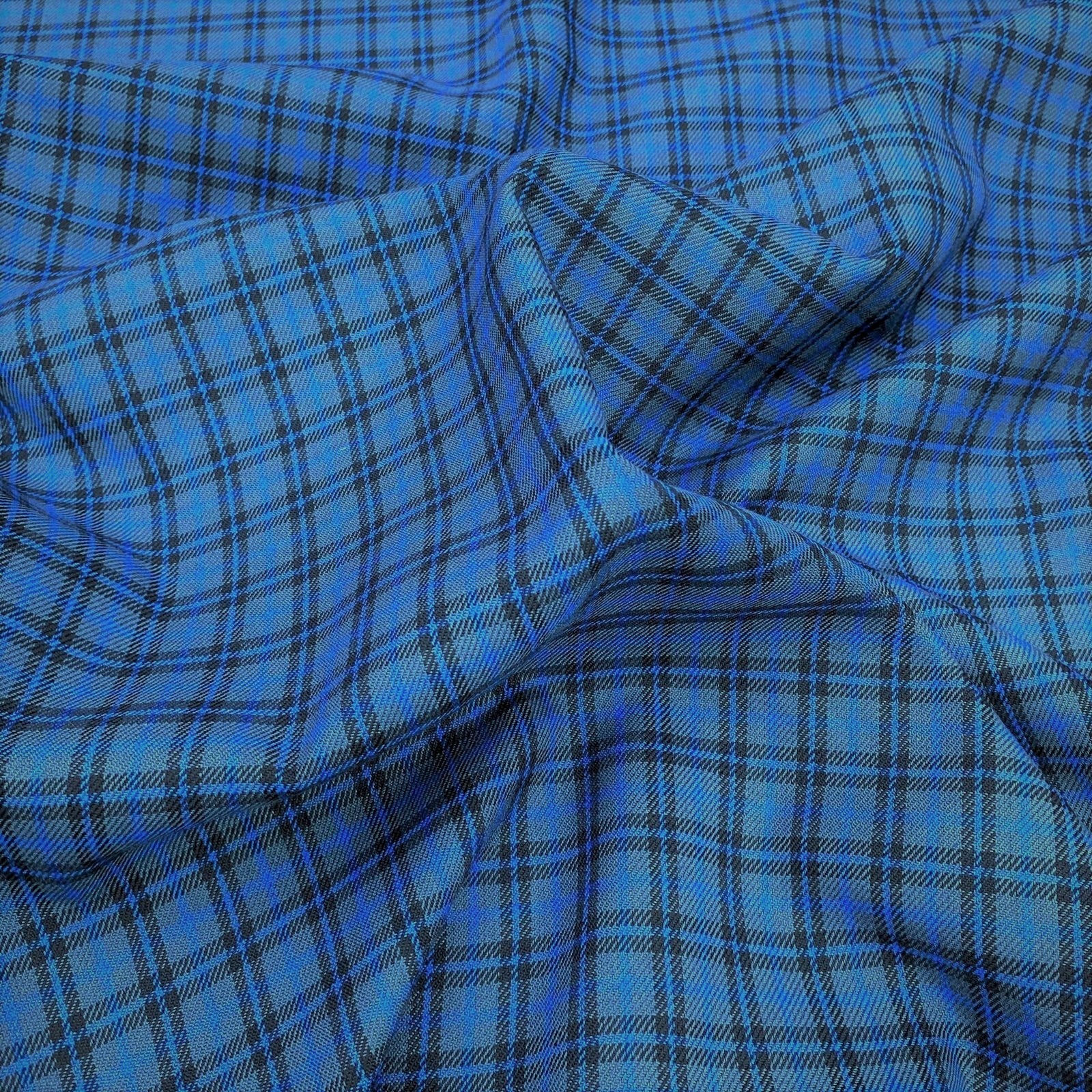 3 Metres, Printed Poly Viscose Tartan, 'Royal Blue & Black' - 55" Wide