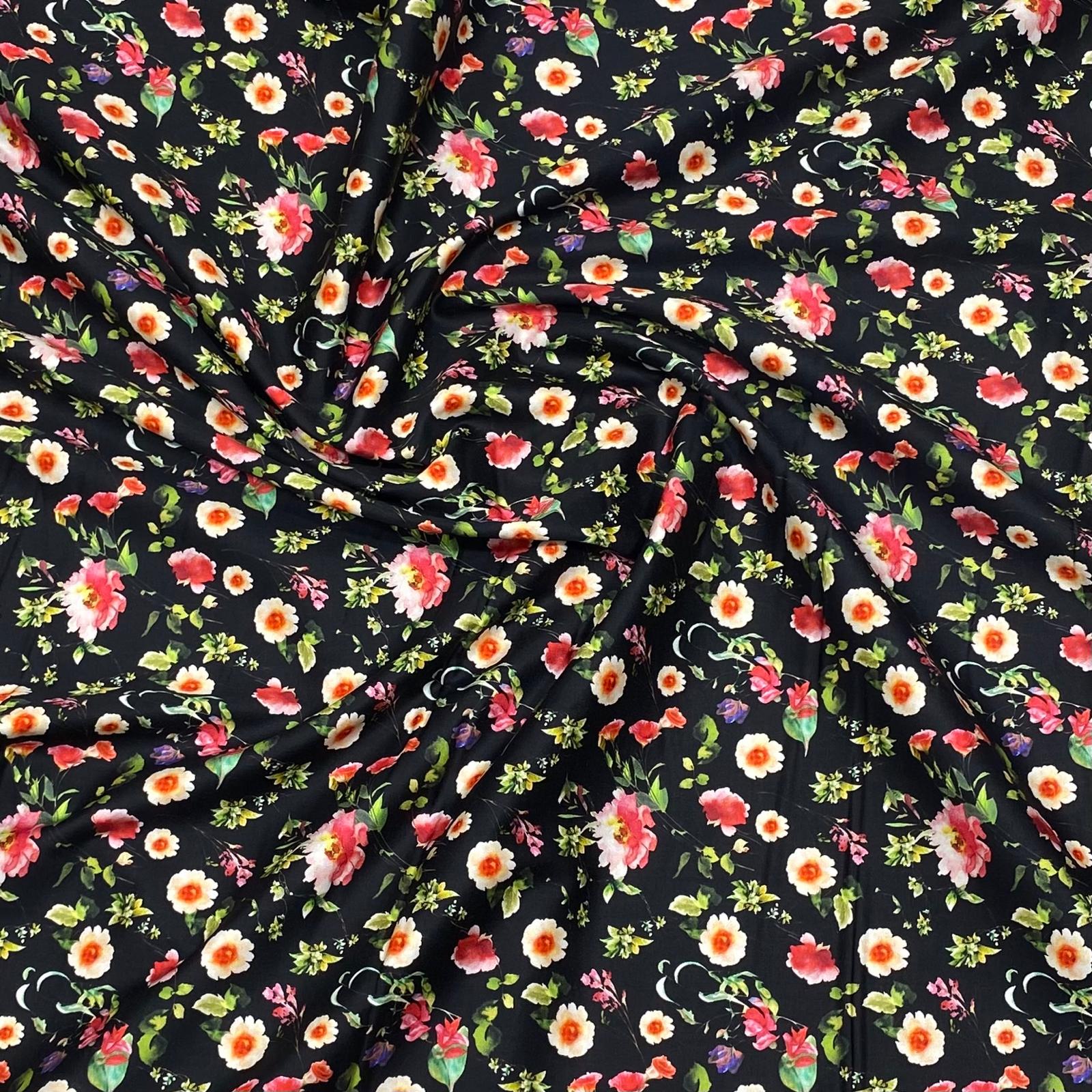 Soft Printed Cotton Sateen 'Black Floral' - 55" Wide (3 Metres)