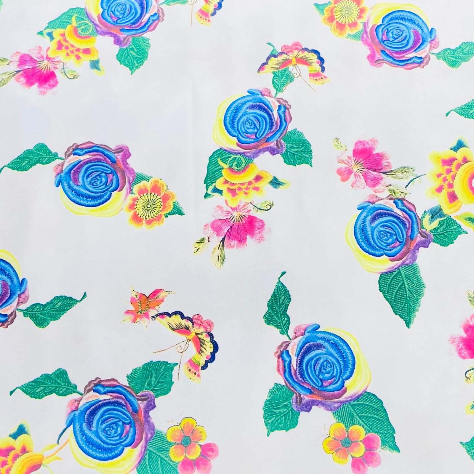 Luxurious Printed Satin-'White Flowers' 55" Wide (3 Metres )