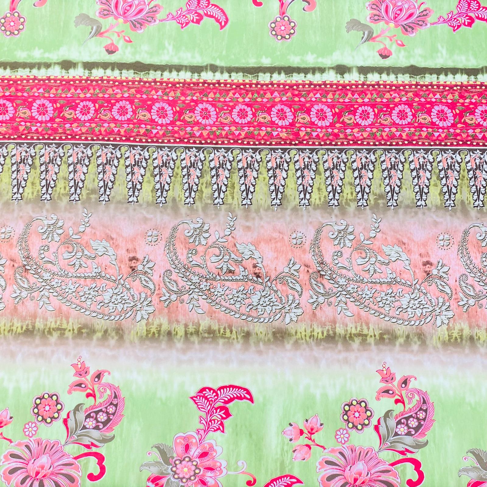 Luxurious Printed Satin-'Green & Pink' 55" Wide (3 Metres)