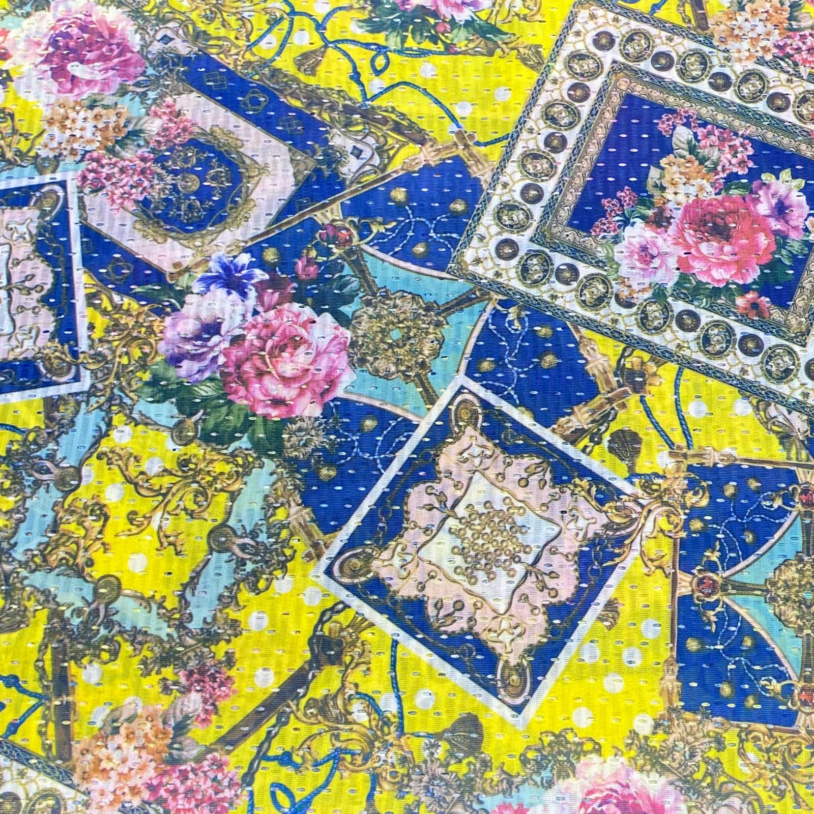 Beautiful Printed Cut Out Crepe 55"- 'Yellow & Blue' Wide (3 Metres)