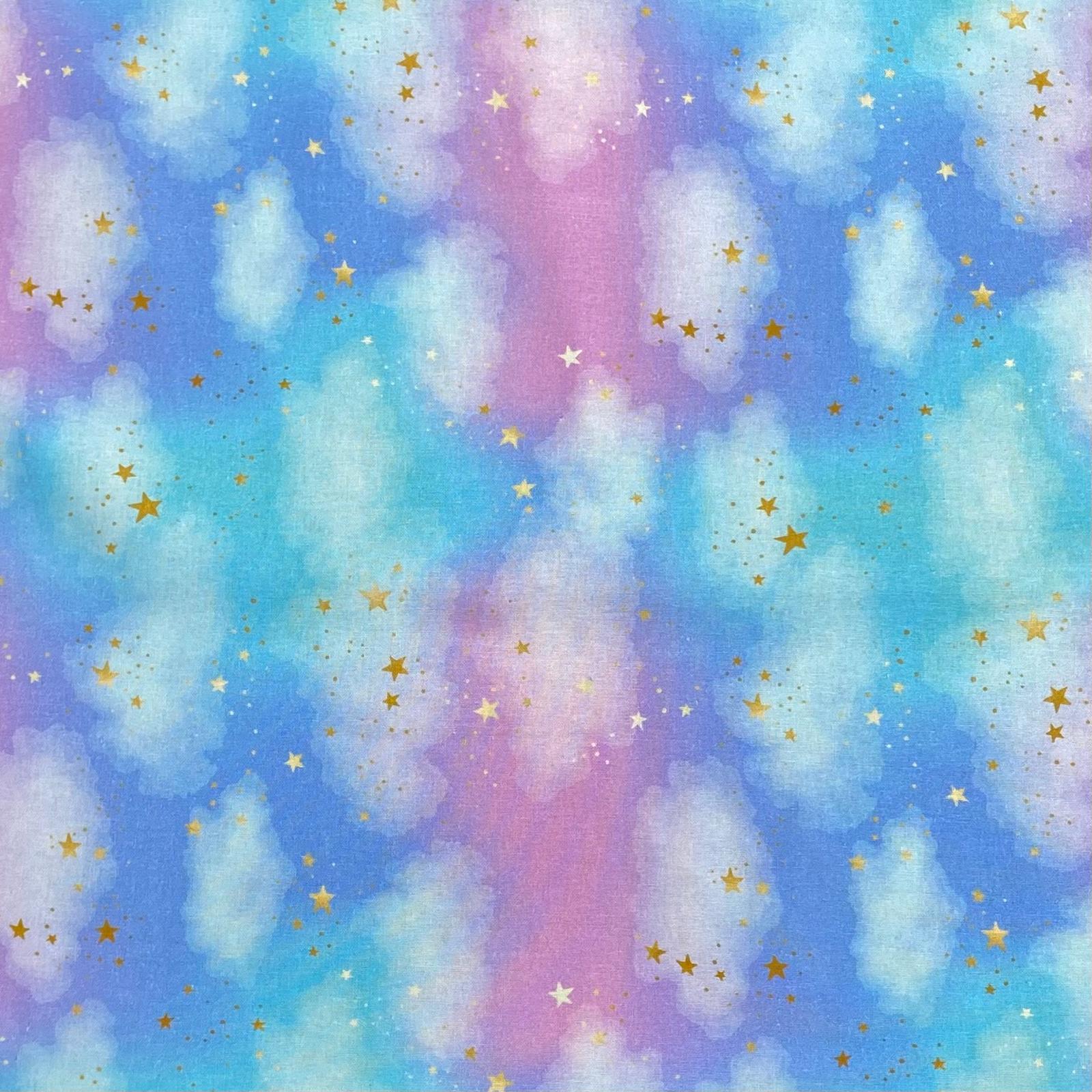 Per Metre Digitally Printed Gold Foil 100% Cotton- 45" Wide (Blue & Pink)