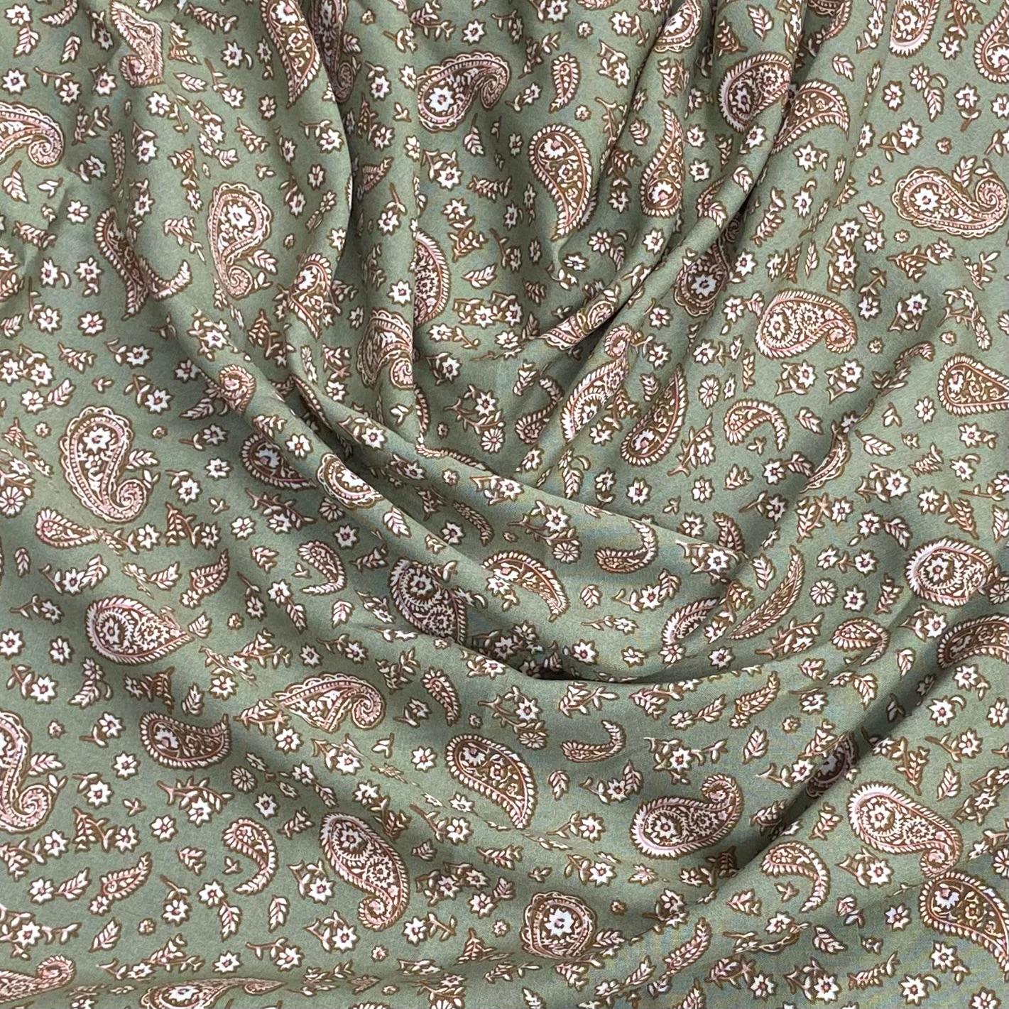 3 Metres, Premium Quality, Printed Dressmaking Viscose - 55" Wide (Paisley Khaki)