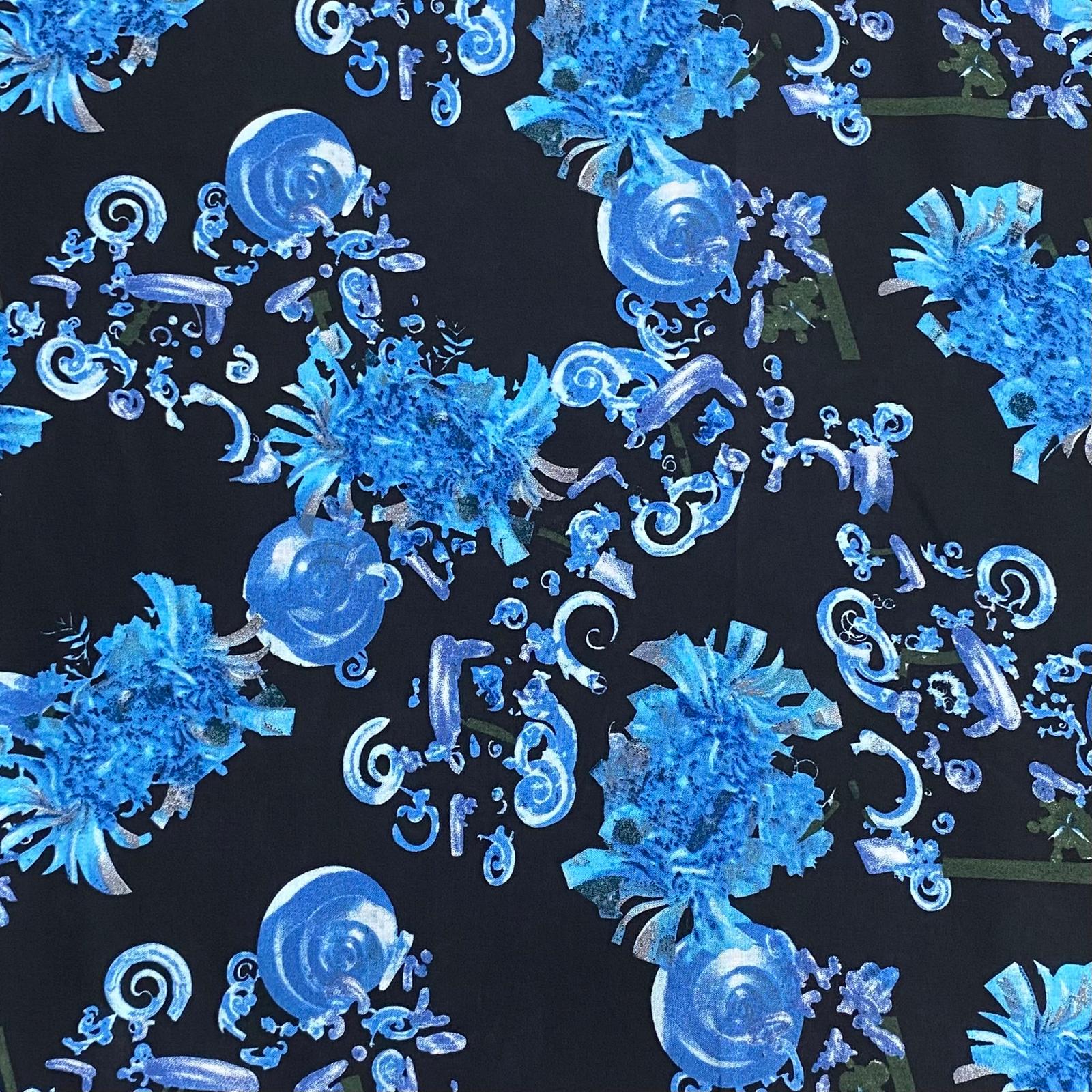 3 Metres, Printed Summer Dressmaking Viscose Fabric - Black & Blue