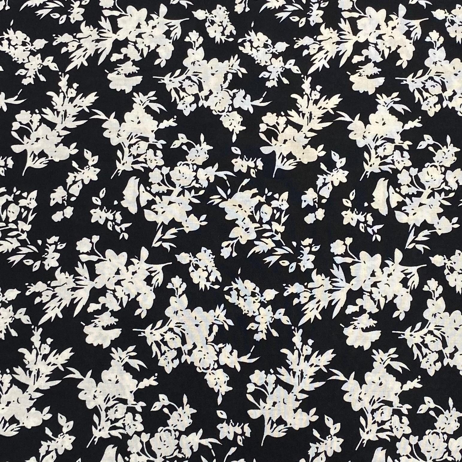 3 Metres, Printed Summer Dressmaking Viscose Fabric - Black Flower