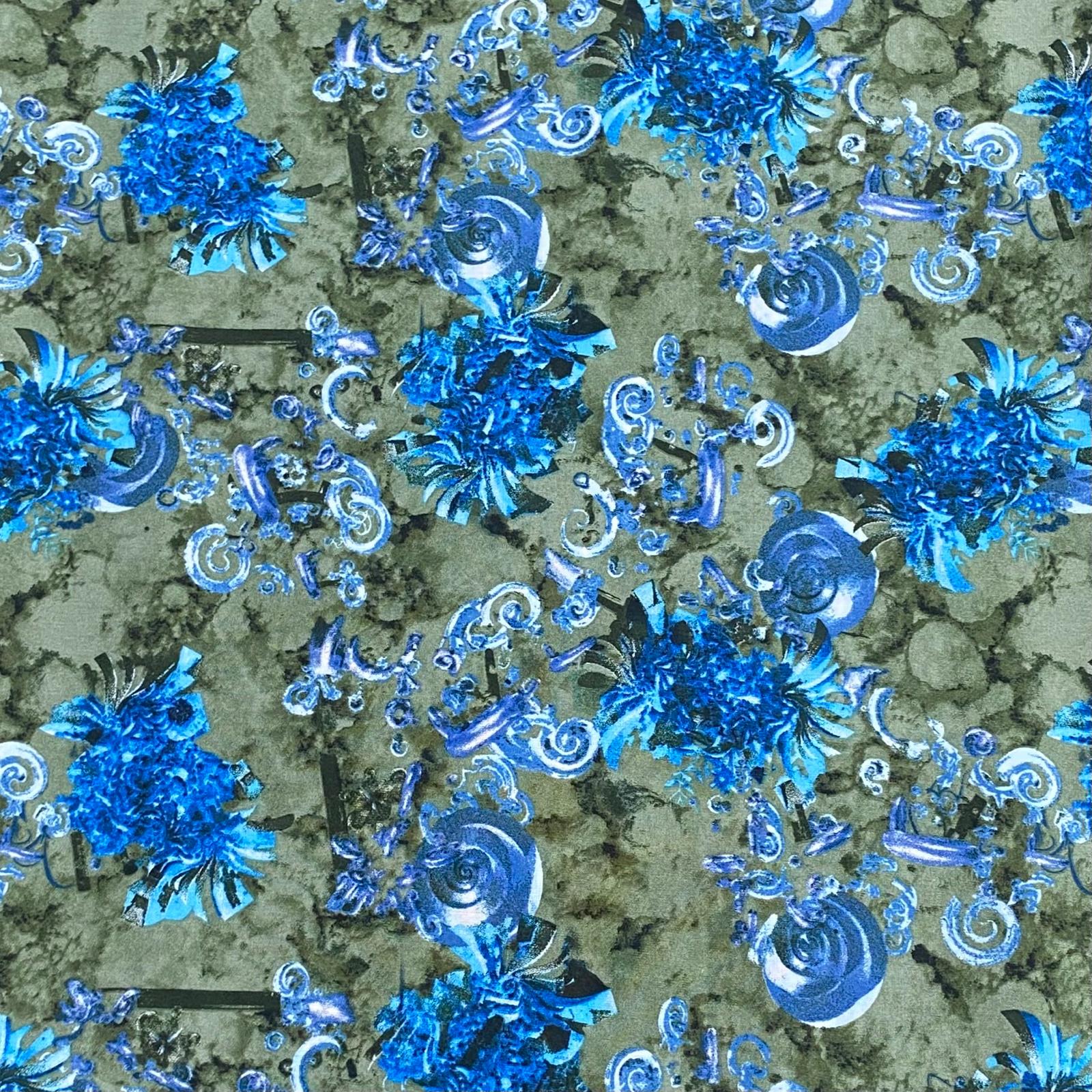 3 Metres, Printed Summer Dressmaking Viscose Fabric - Green & Blue