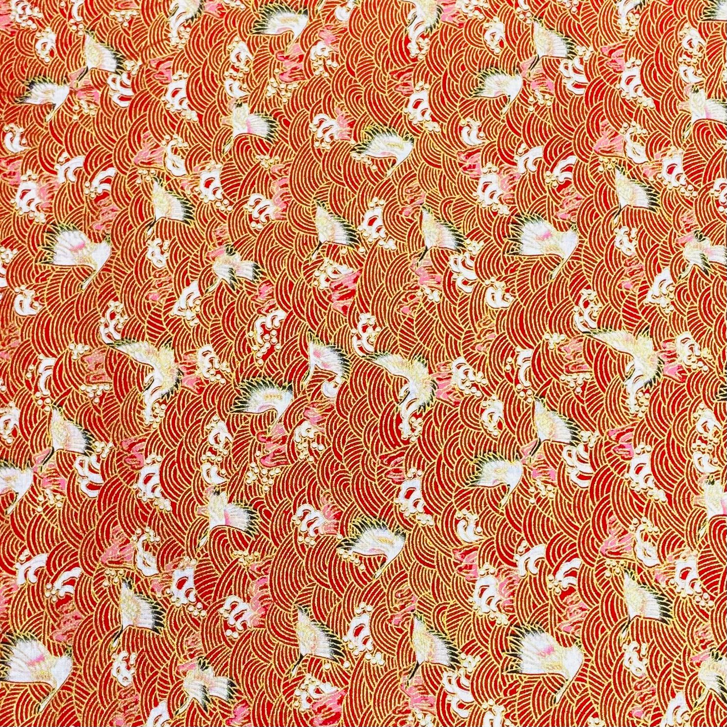Per Metre Oriental Gold Foil Printed Cotton - 55" Wide (Red Swan)