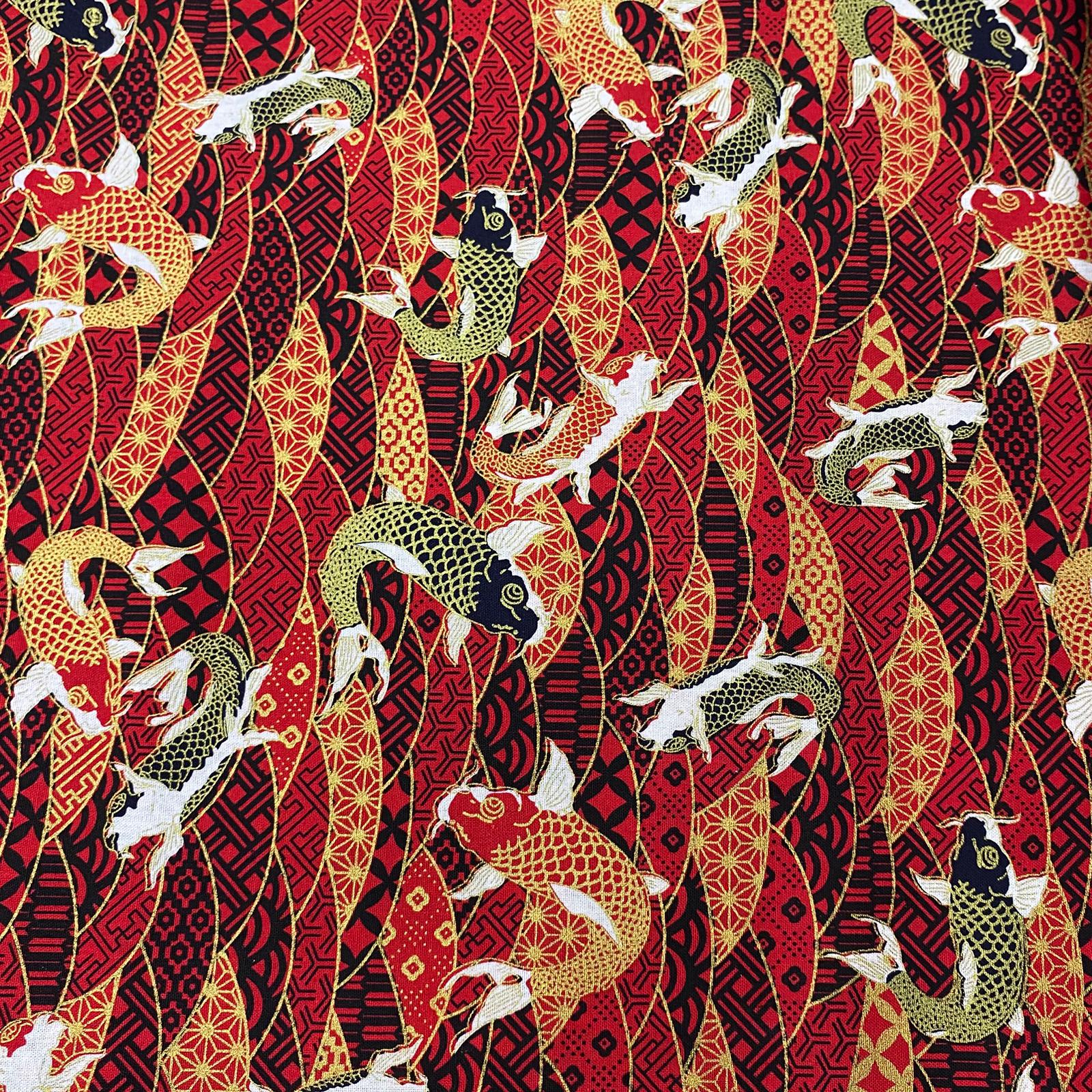 Per Metre Oriental Gold Foil Printed Cotton - 55" Wide (Red Fish)