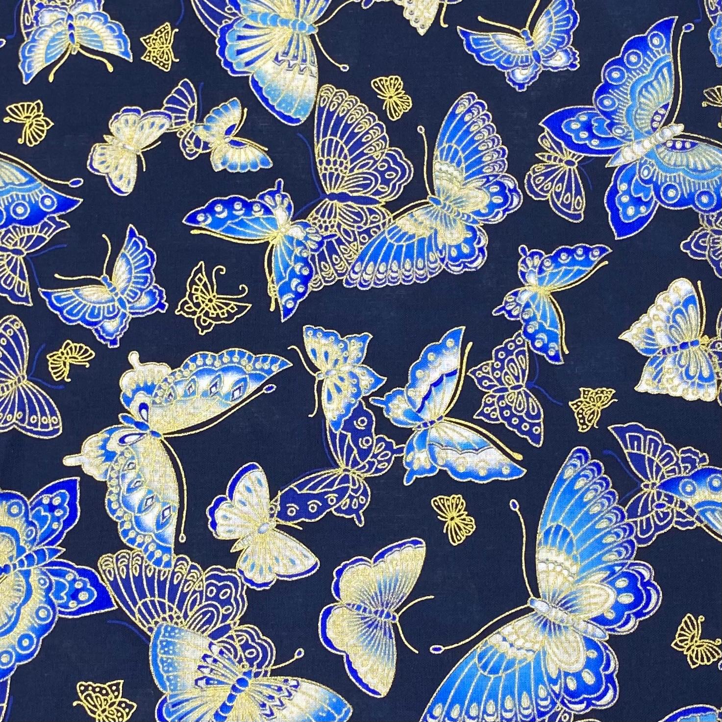Per Metre Oriental Gold Foil Printed Cotton - 55" Wide (Navy Butterfly)