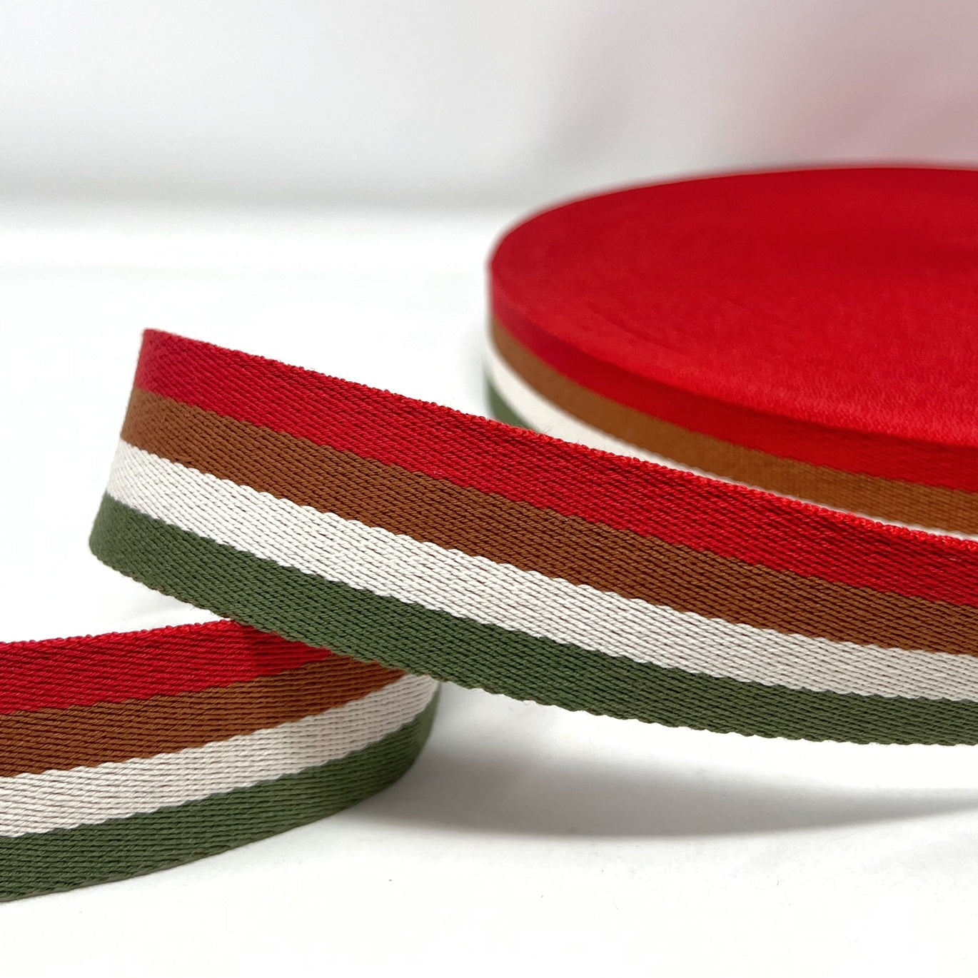 Per Metre Stripe Webbing, RED, NATURALS & GREEN - 40mm