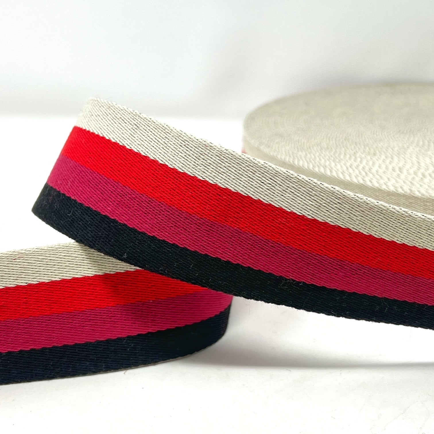 Per Metre Stripe Webbing, BLACK, RED & NATURALS - 50mm