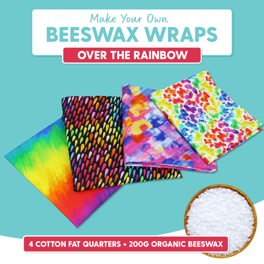 DIY Beeswax Wrap Kit- 4 Cotton Fat Quarters + 200g Beeswax (Over The Rainbow)