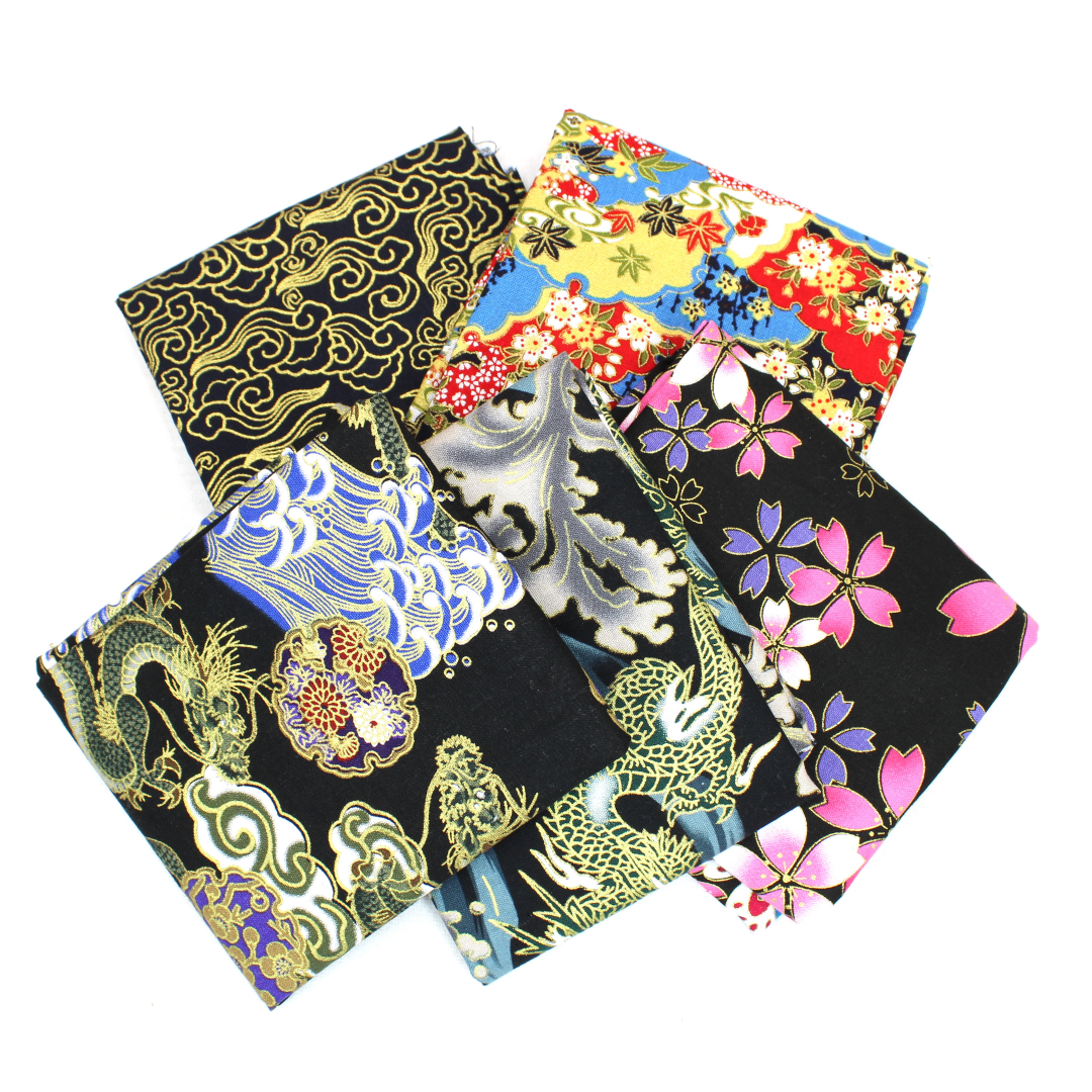 5 Piece Exclusive Oriental Gold Foil Fat Quarter 100% Cotton - Black