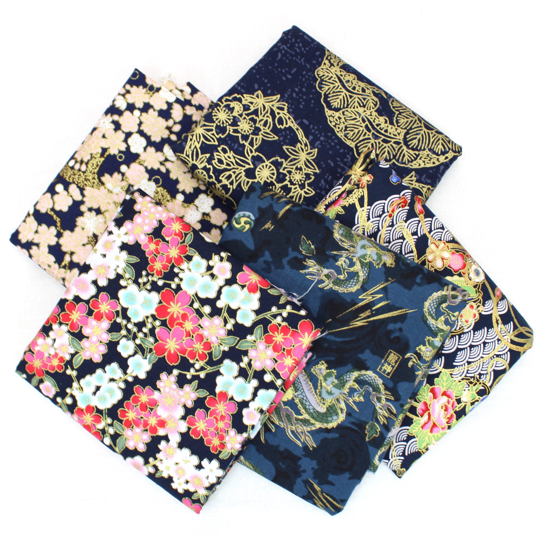 5 Piece Exclusive Oriental Gold Foil Fat Quarter 100% Cotton - Navy