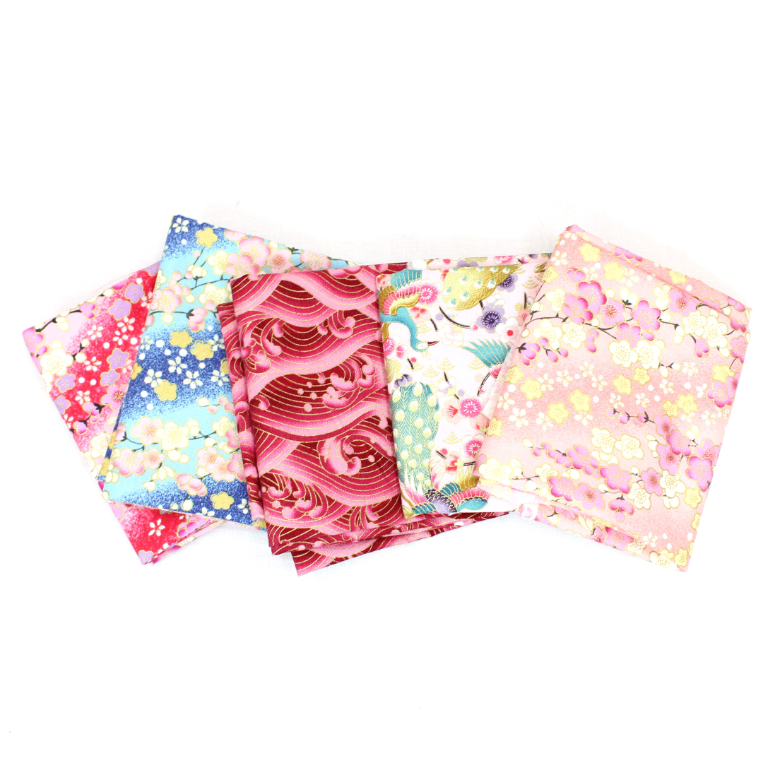 5 Piece Exclusive Oriental Gold Foil Fat Quarter 100% Cotton - Pink