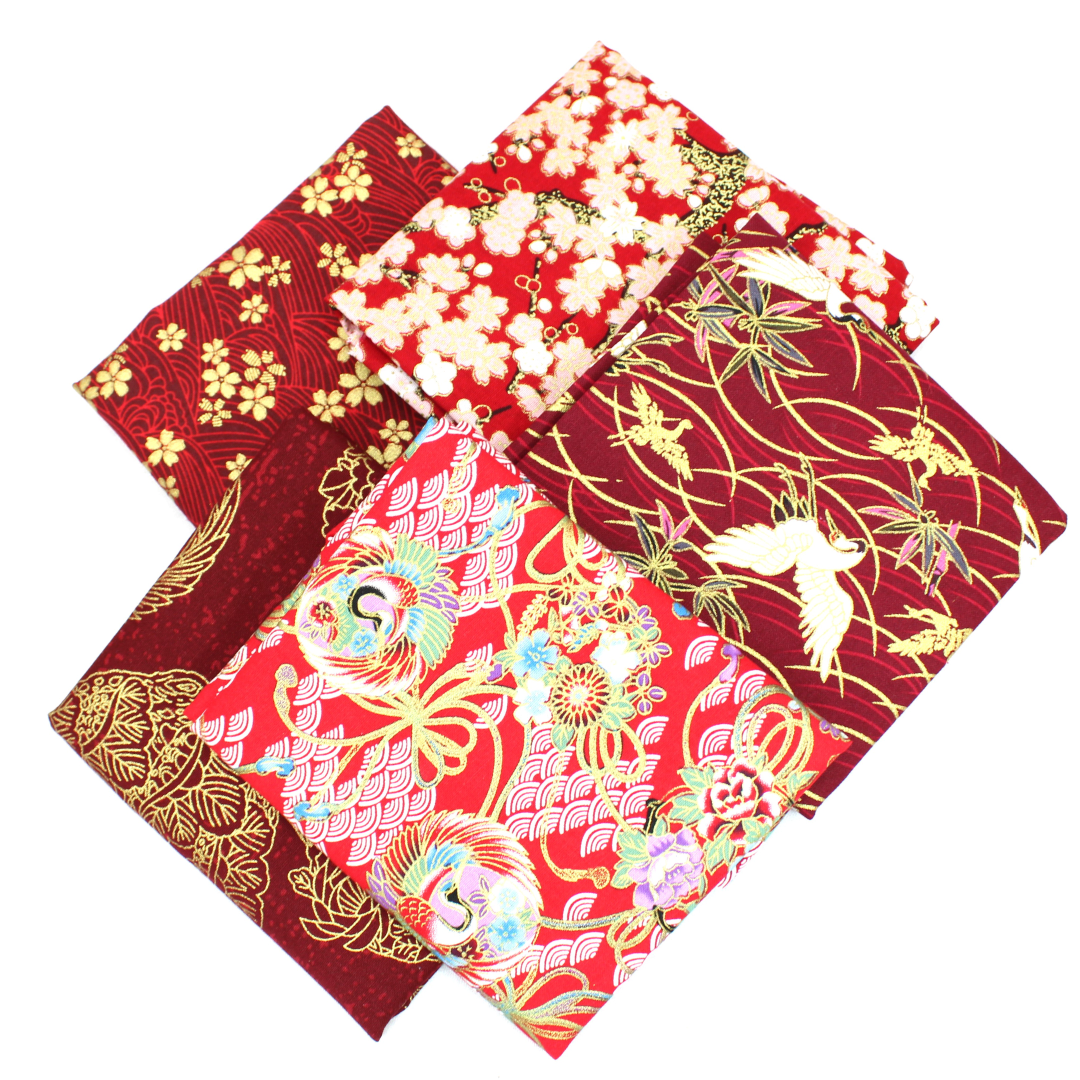 5 Piece Exclusive Oriental Gold Foil Fat Quarter 100% Cotton - Red