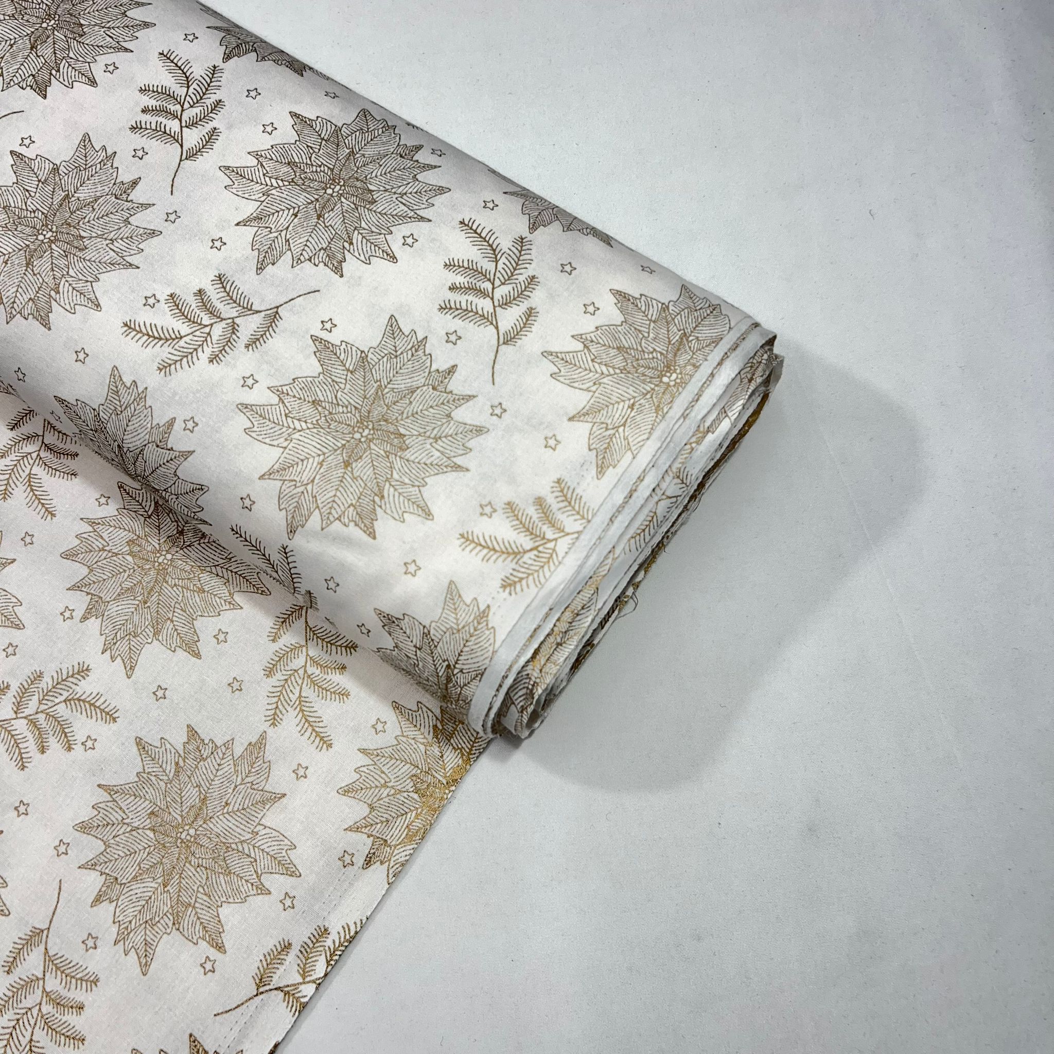 Per Metre Digitally Printed Gold Foil Christmas 100% Cotton- 45" Wide (White Pop)