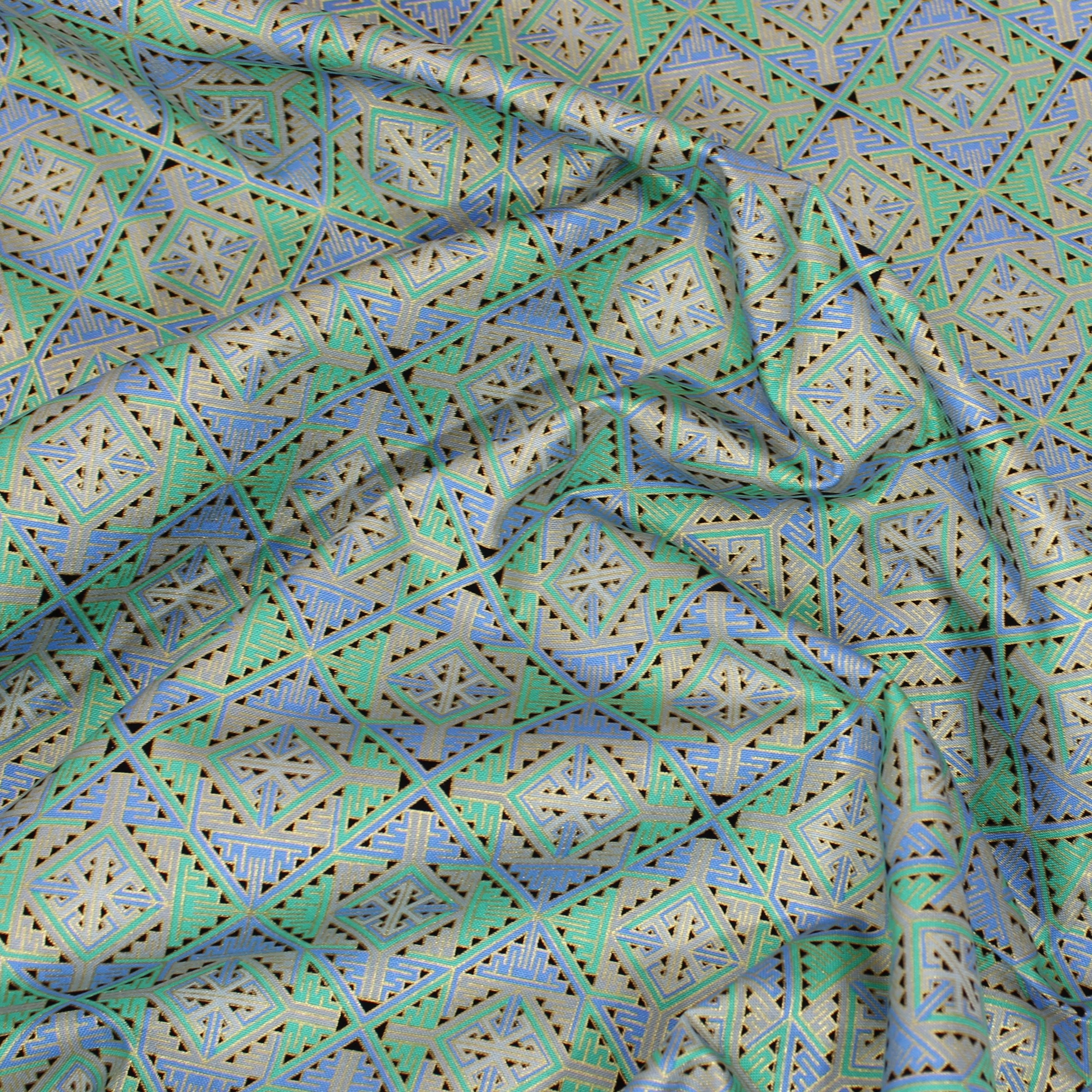 Gold Foil Printed Cotton, 'GREEN & BLUE' - 44" Wide (Per Metre)