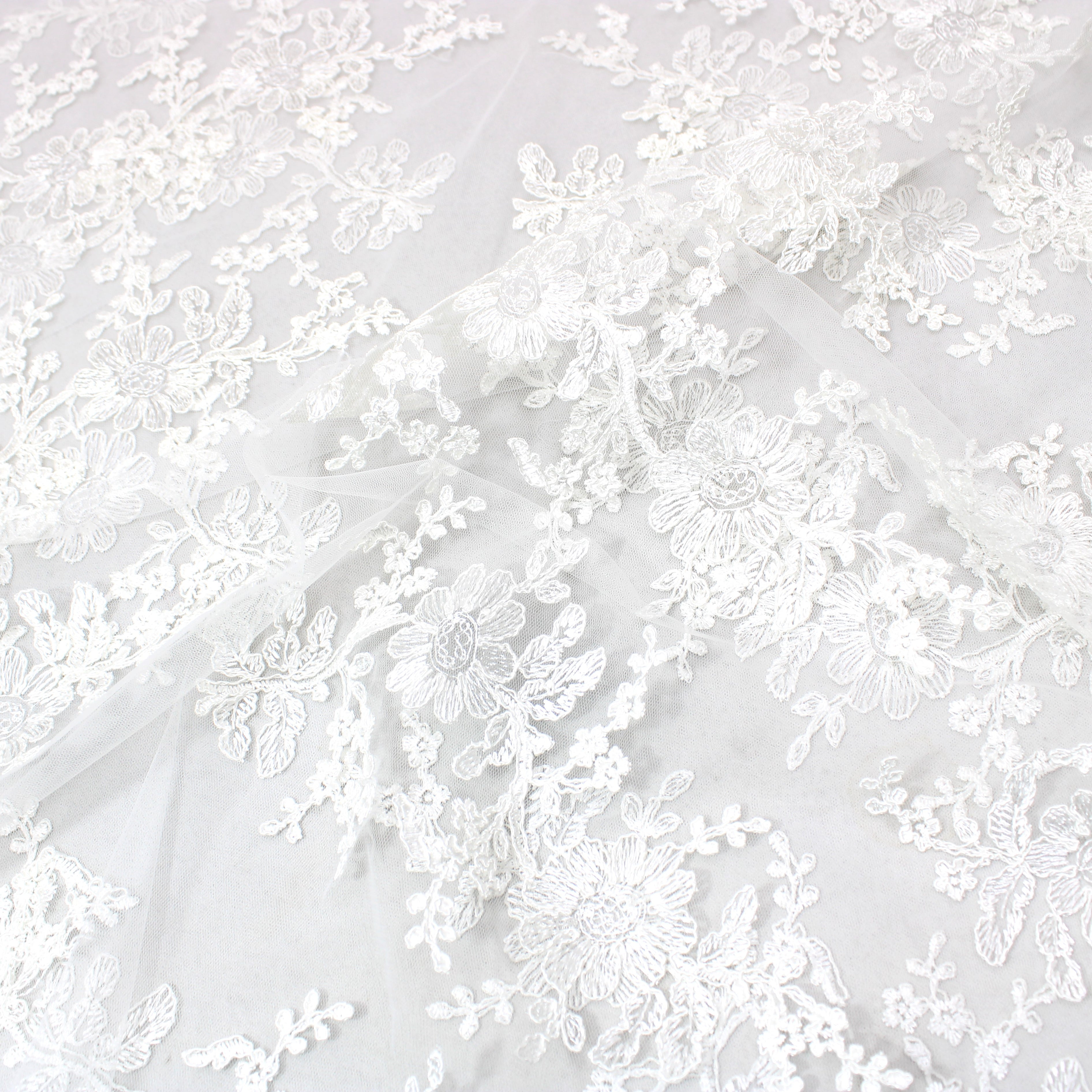 Luxury Sequin Bridal Lace- 'WHITE FLORAL' - 55" Wide - (Per Metre)