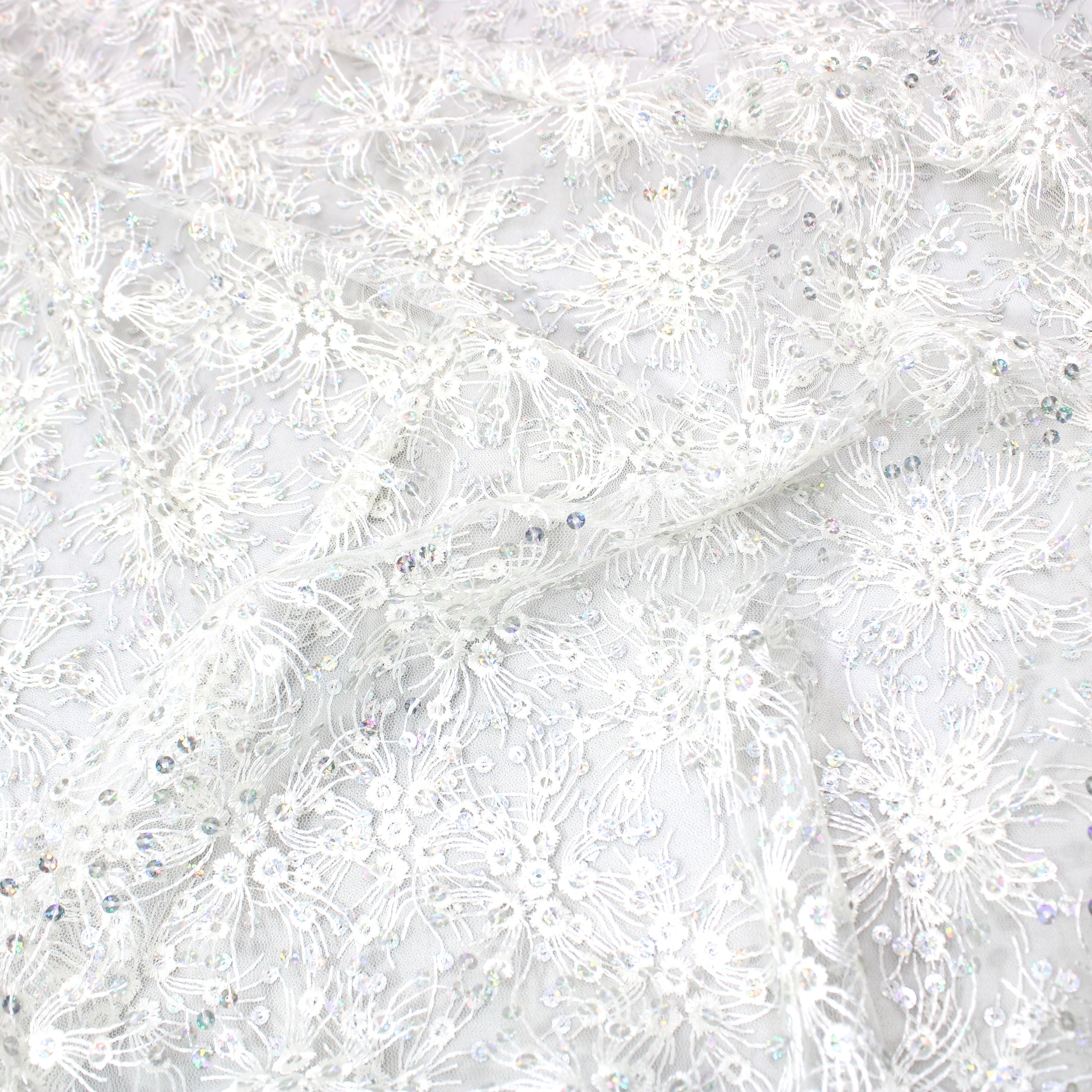 Luxury Sequin Bridal Lace- 'WHITE DITSY ' - 55" Wide - (Per Metre)