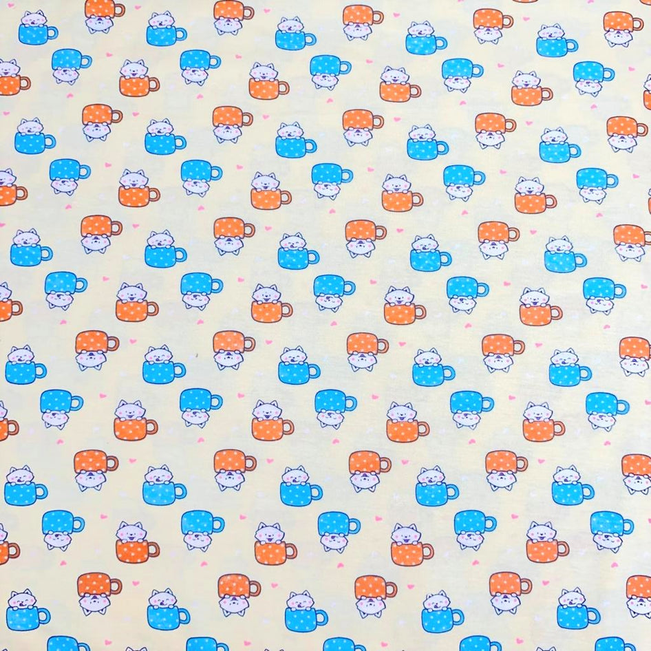 3 Metres Premium quality Cotton Jersey, 'Yellow & Kitty' - 55" Wide