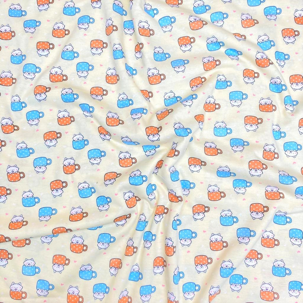3 Metres Premium quality Cotton Jersey, 'Yellow & Kitty' - 55" Wide