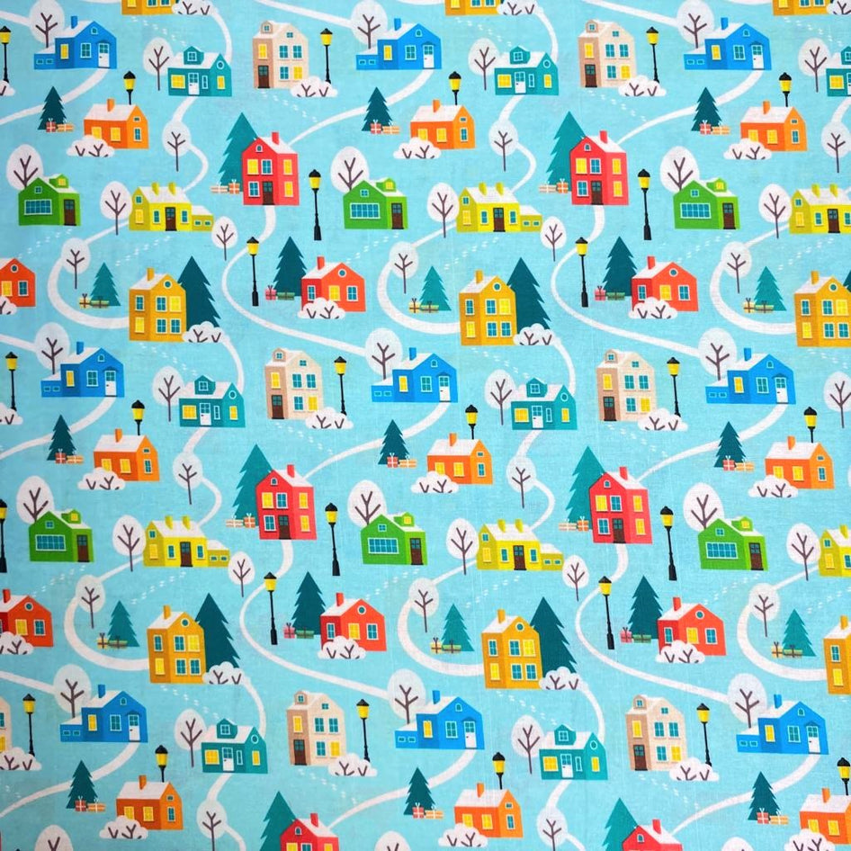 Printed Christmas Cotton, 'House' - 45" Wide