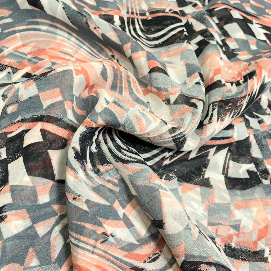 3 Metres Printed Chiffon, 'Grey & Peach' - 58" Wide