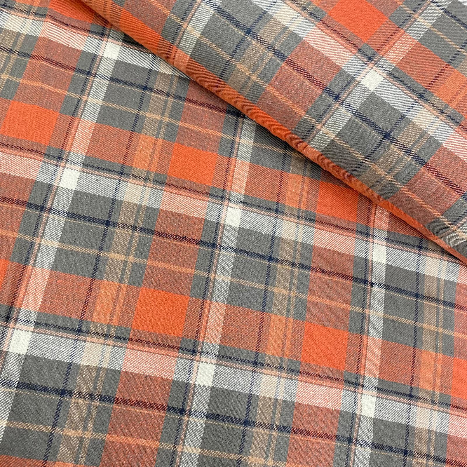 3 Metres, Printed Poly Viscose Tartan, 'Burnt Orange & Grey' - 55" Wide