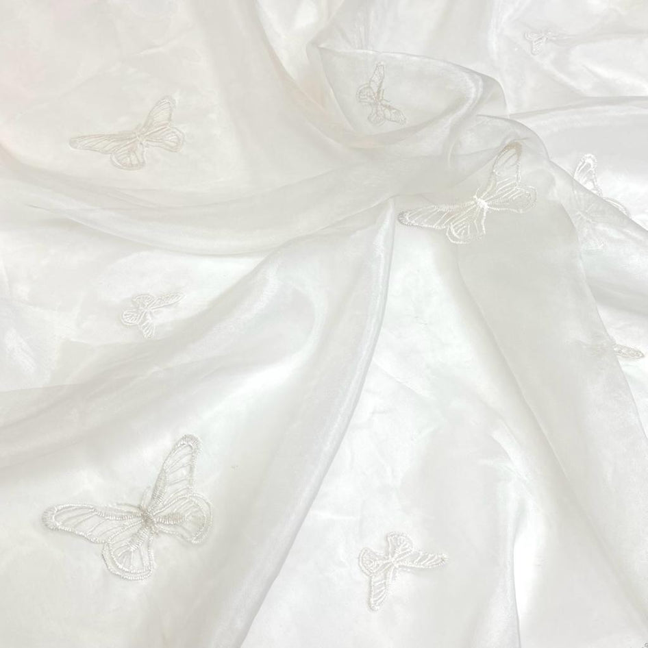 3 Metres embroidered Organza, 'White Butterfly' - 55" Wide