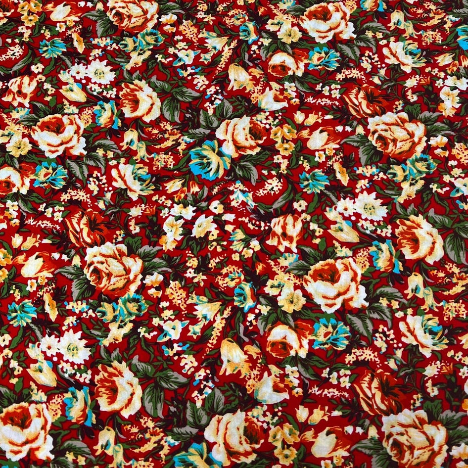 3 Metres, Luxury Printed Viscose, - 55" Wide - Red Flowers