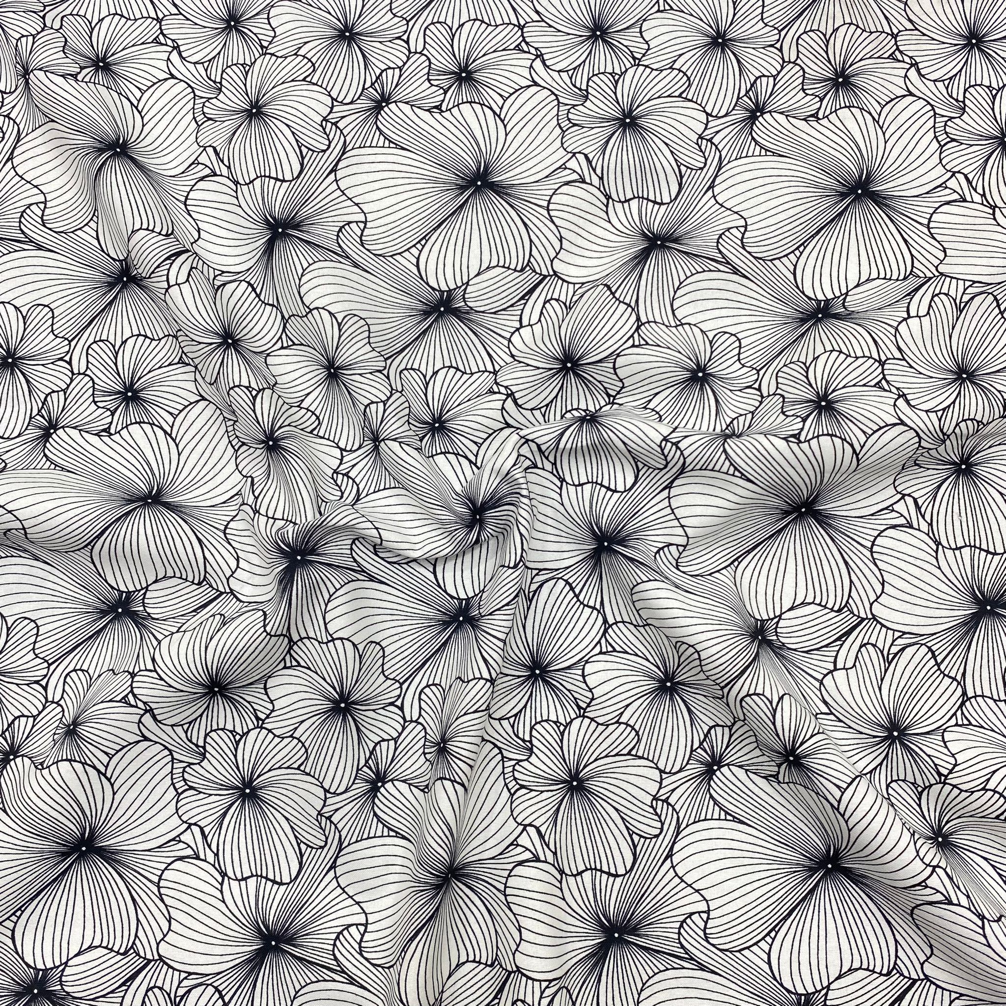 Per metre Premium Quilting Cotton, 'Black & White Flowers' - 45" Wide