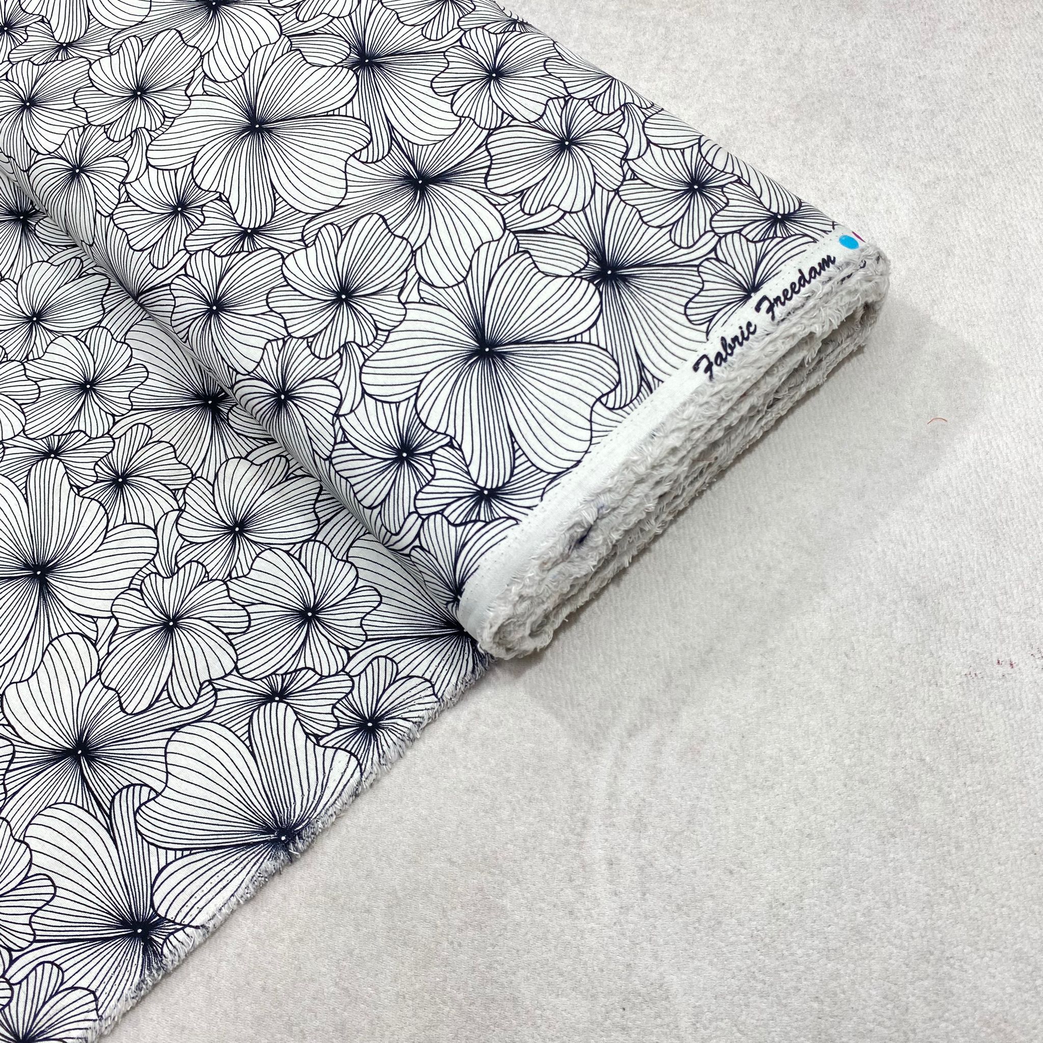 Per metre Premium Quilting Cotton, 'Black & White Flowers' - 45" Wide
