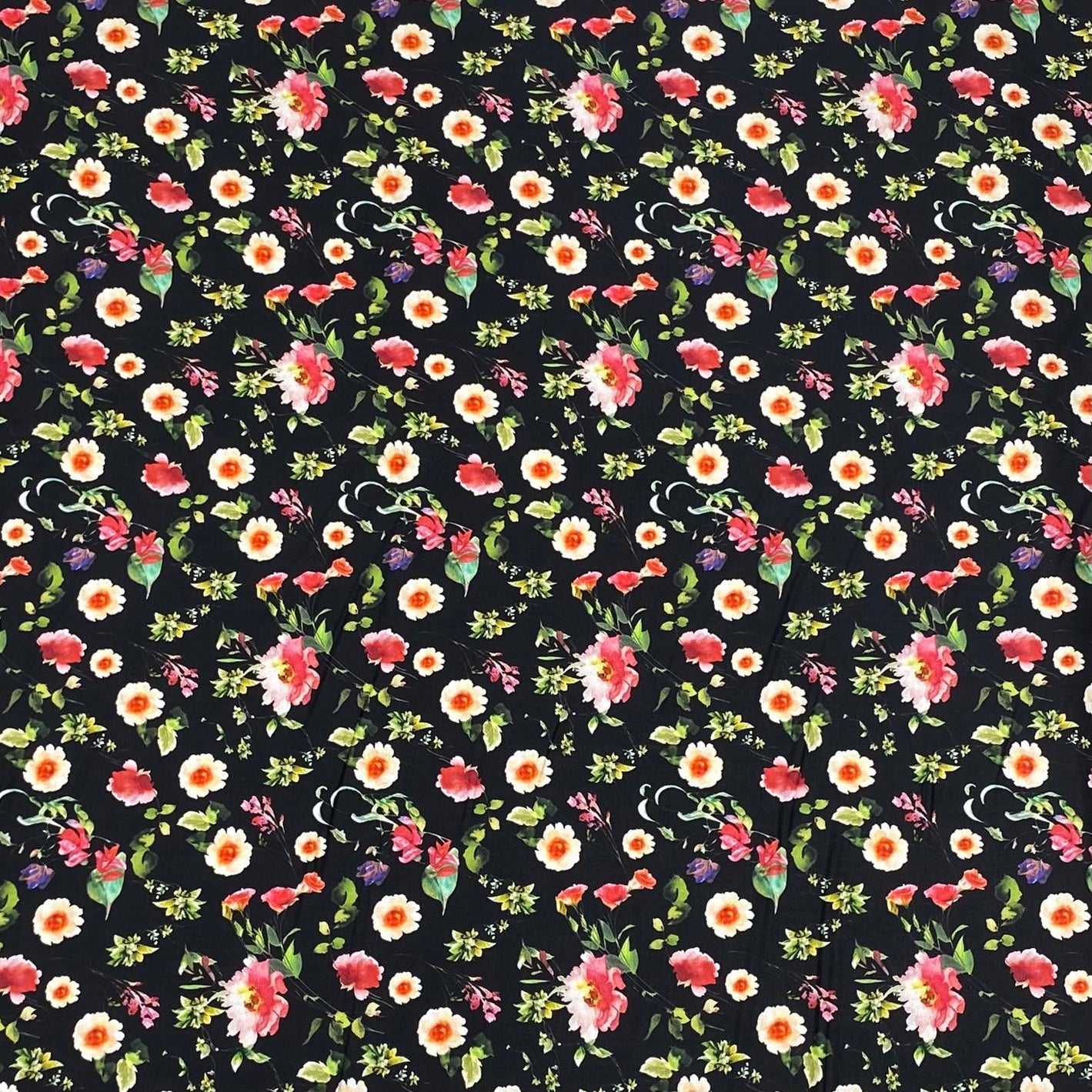 Soft Printed Cotton Sateen 'Black Floral'  - 55" Wide (3 Metres)