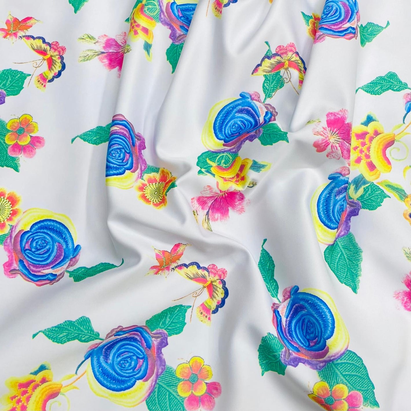 Luxurious Printed Satin-'White Flowers' 55" Wide (3 Metres )