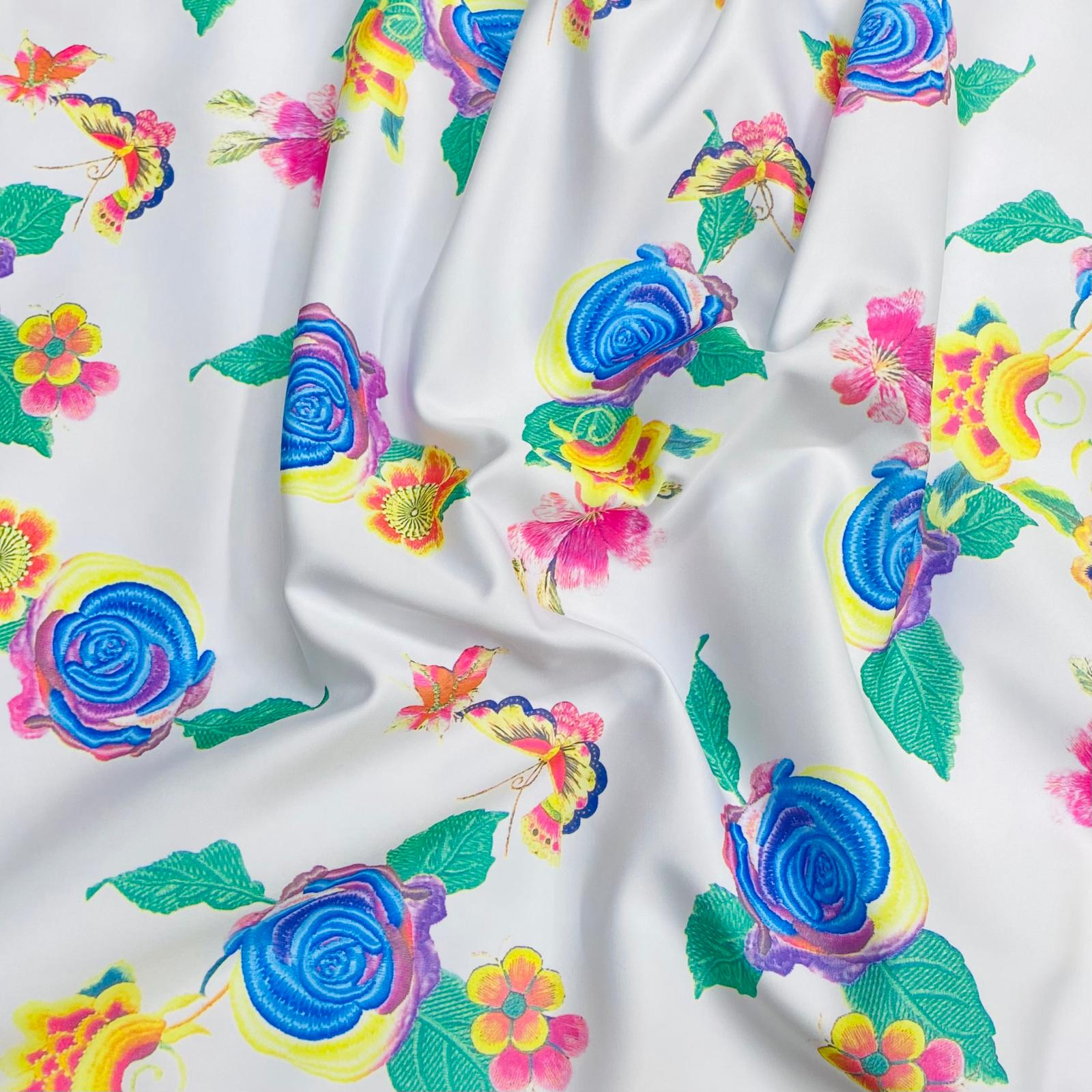 Luxurious Printed Satin-'White Flowers' 55" Wide (3 Metres )