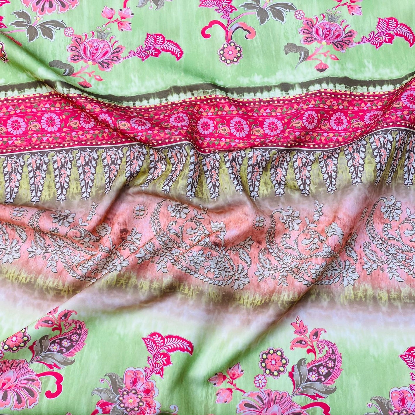 Luxurious Printed Satin-'Green & Pink' 55" Wide (3 Metres)