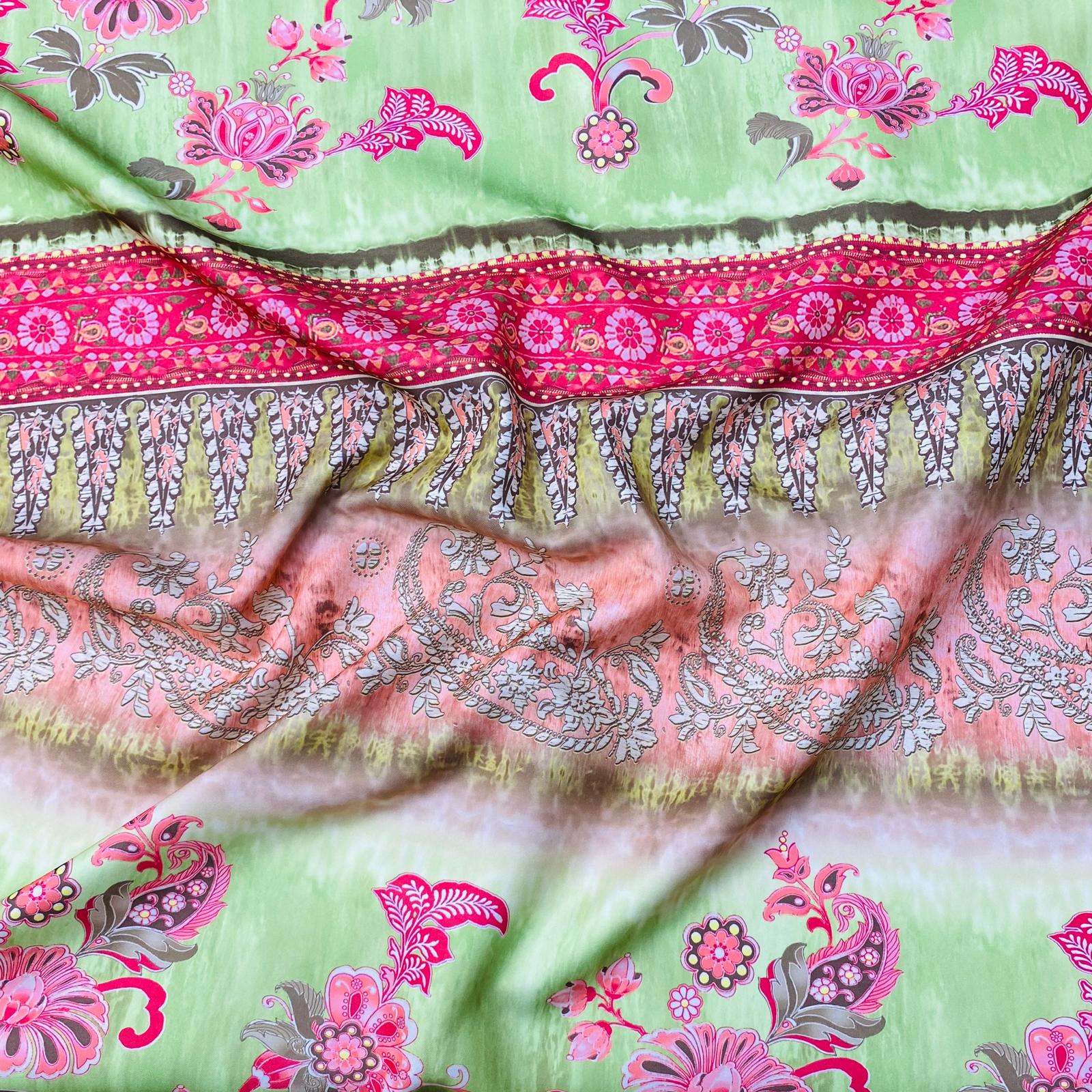 Luxurious Printed Satin-'Green & Pink' 55" Wide (3 Metres)