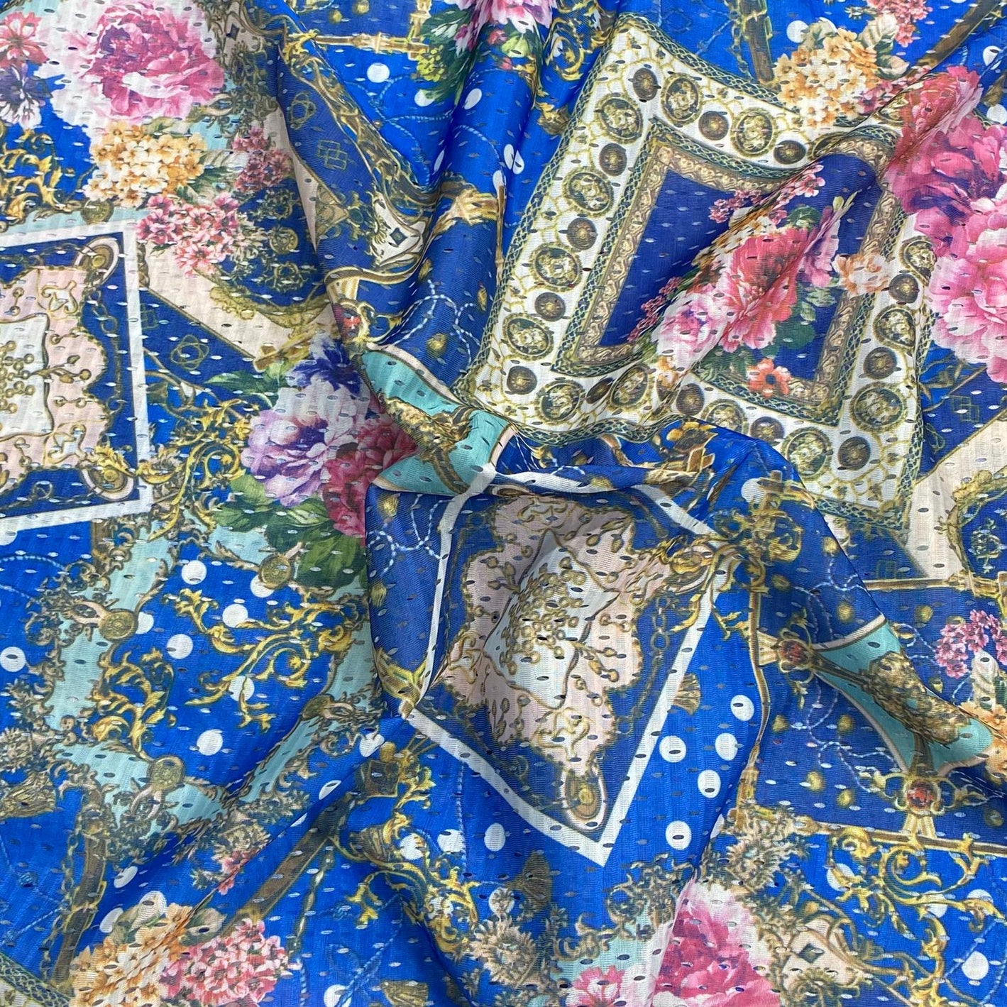 Beautiful Printed Cut Out Crepe 55"- 'Blues' Wide (3 Metres)