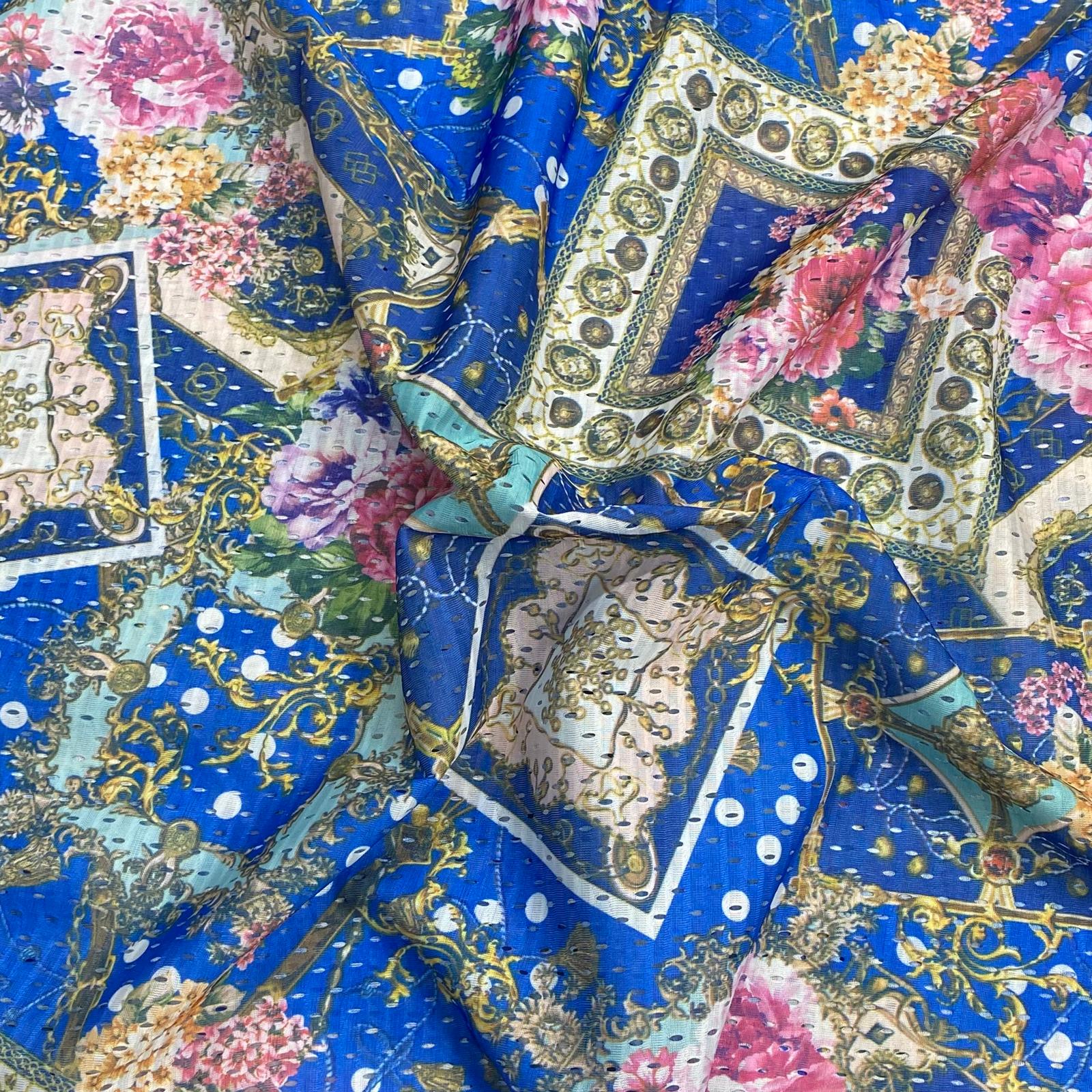 Beautiful Printed Cut Out Crepe 55"- 'Blues' Wide (3 Metres)