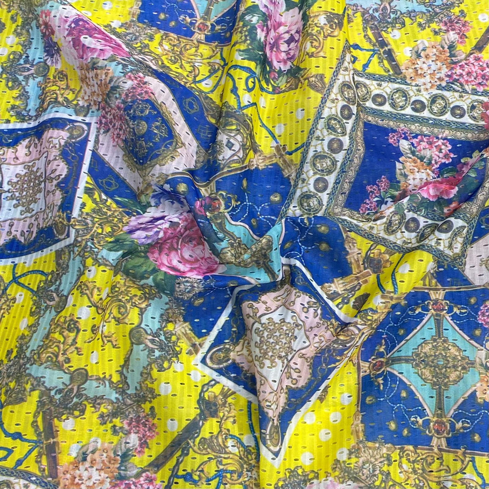 Beautiful Printed Cut Out Crepe 55"- 'Yellow & Blue' Wide (3 Metres)