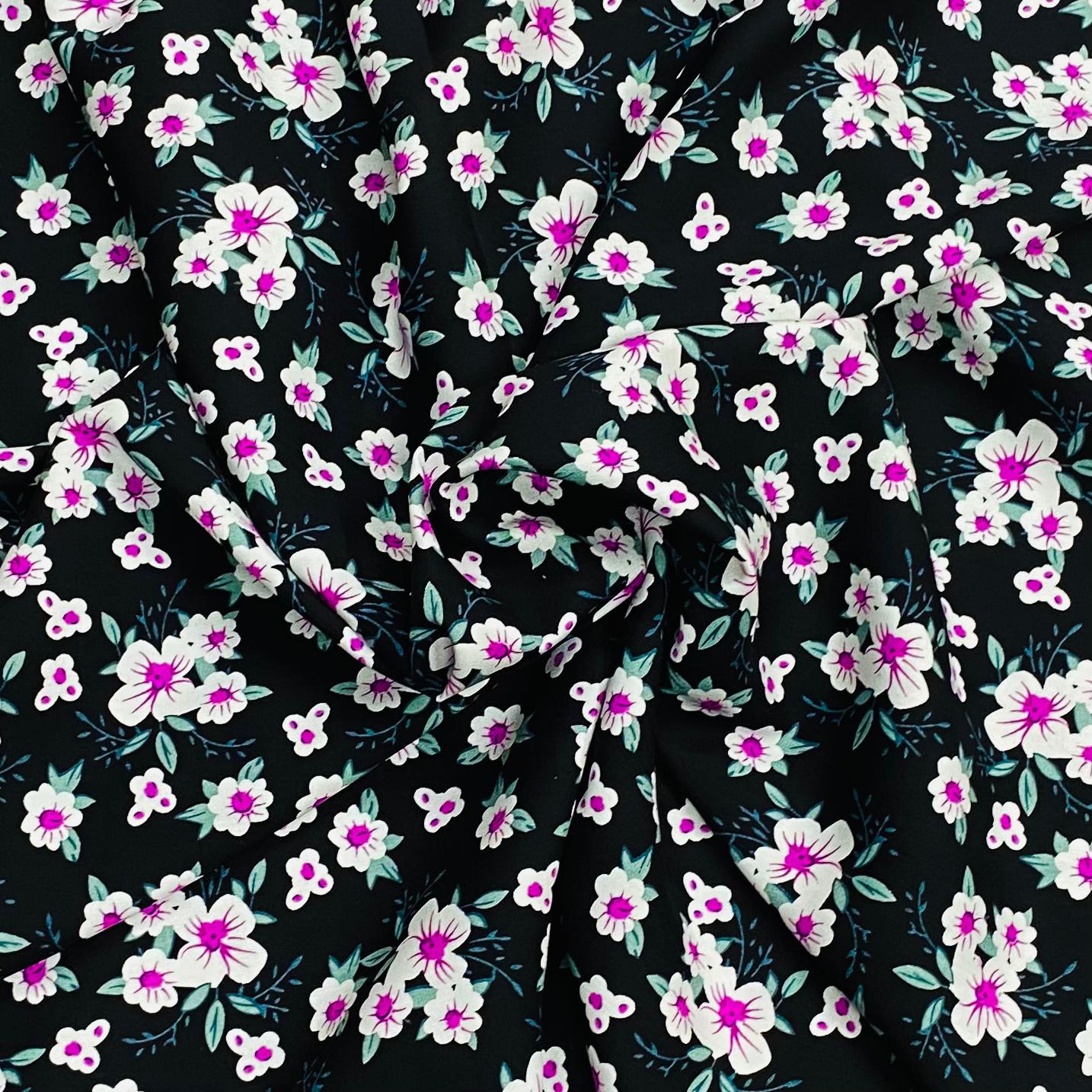3 Metres, Premium Quality, Printed Dressmaking Viscose - 55" Wide (Black Flowers)