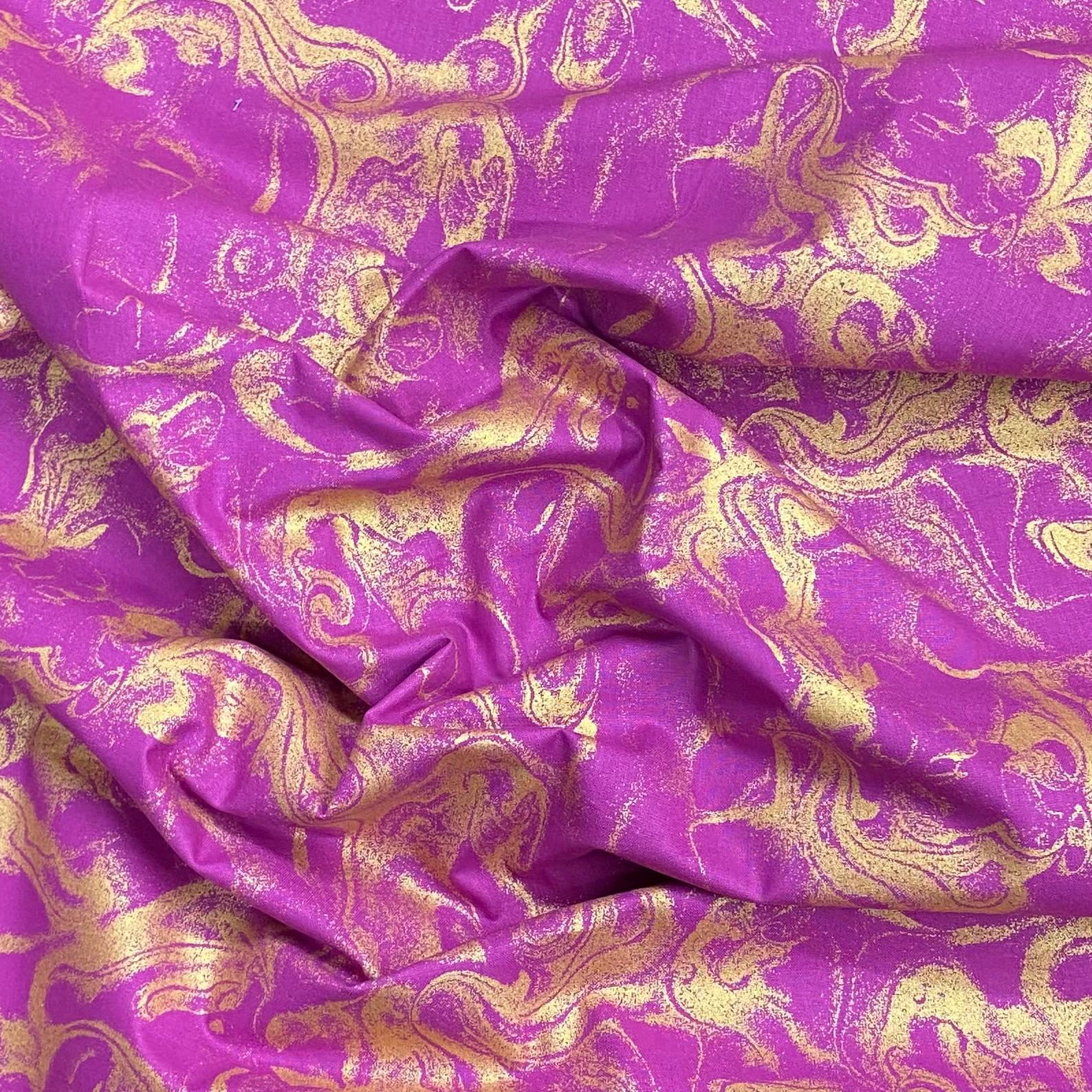 Per Metre Digitally Printed Gold Foil 100% Cotton- 45" Wide (Purple)