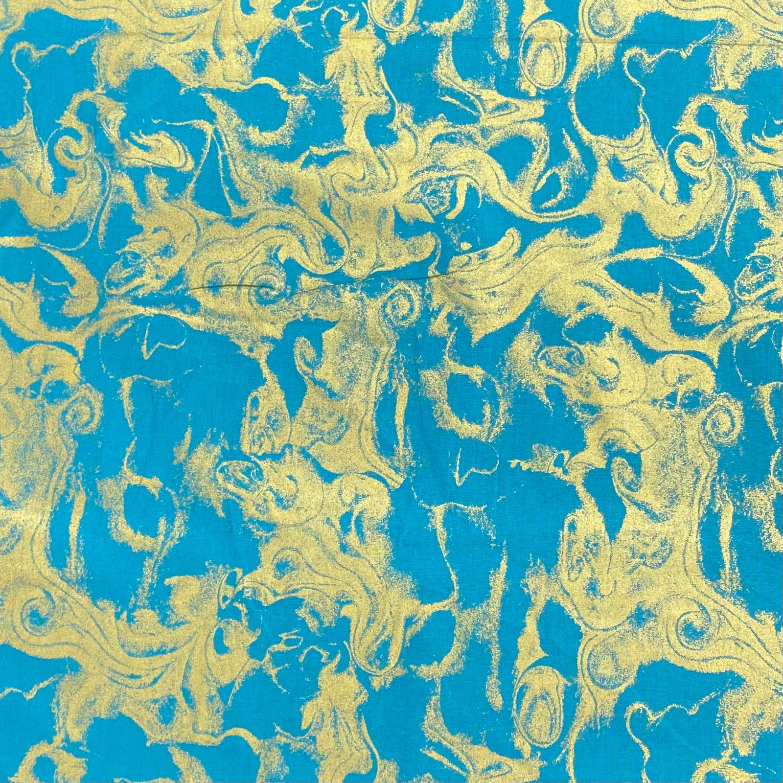 Per Metre Digitally Printed Gold Foil 100% Cotton- 45" Wide (Teal)