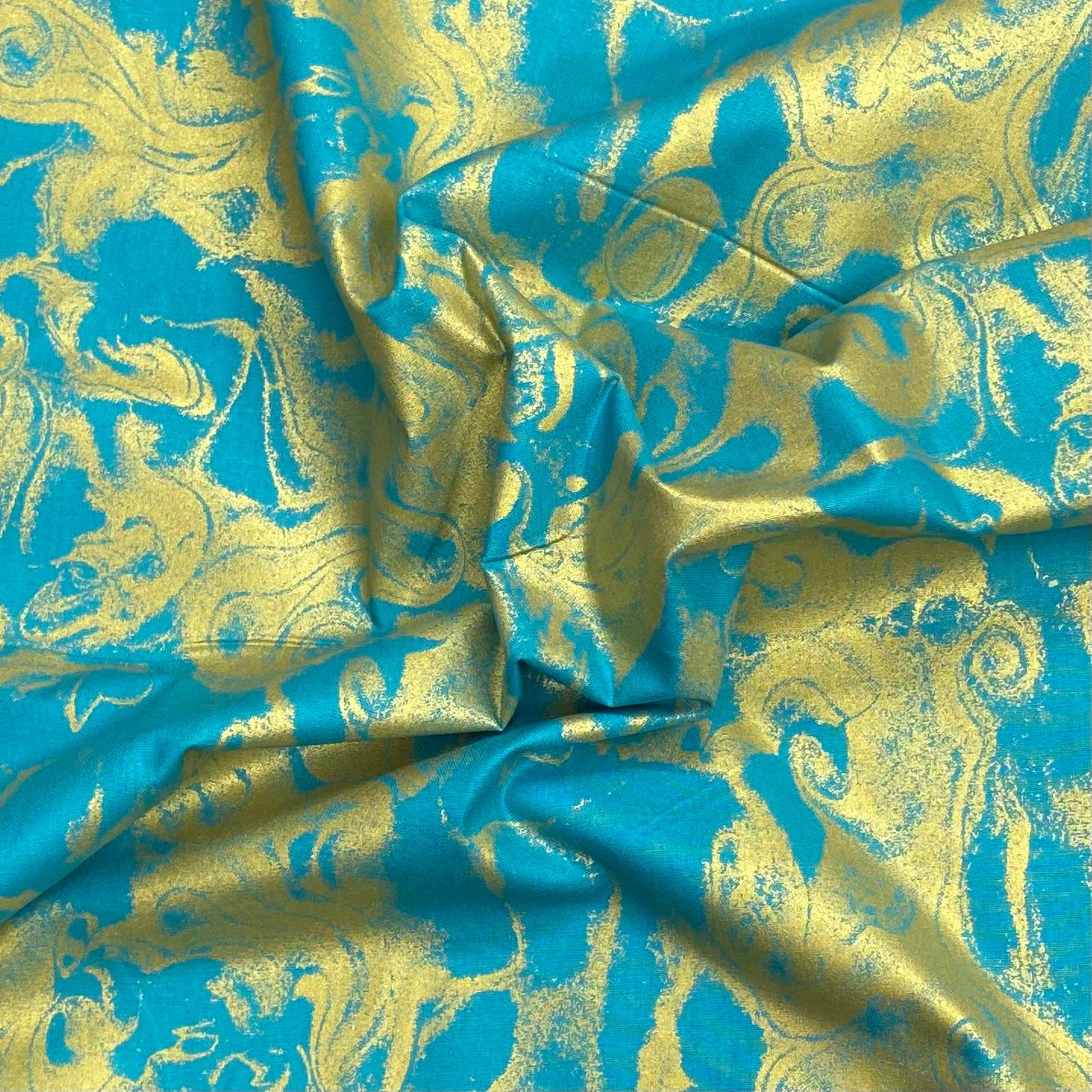 Per Metre Digitally Printed Gold Foil 100% Cotton- 45" Wide (Teal)
