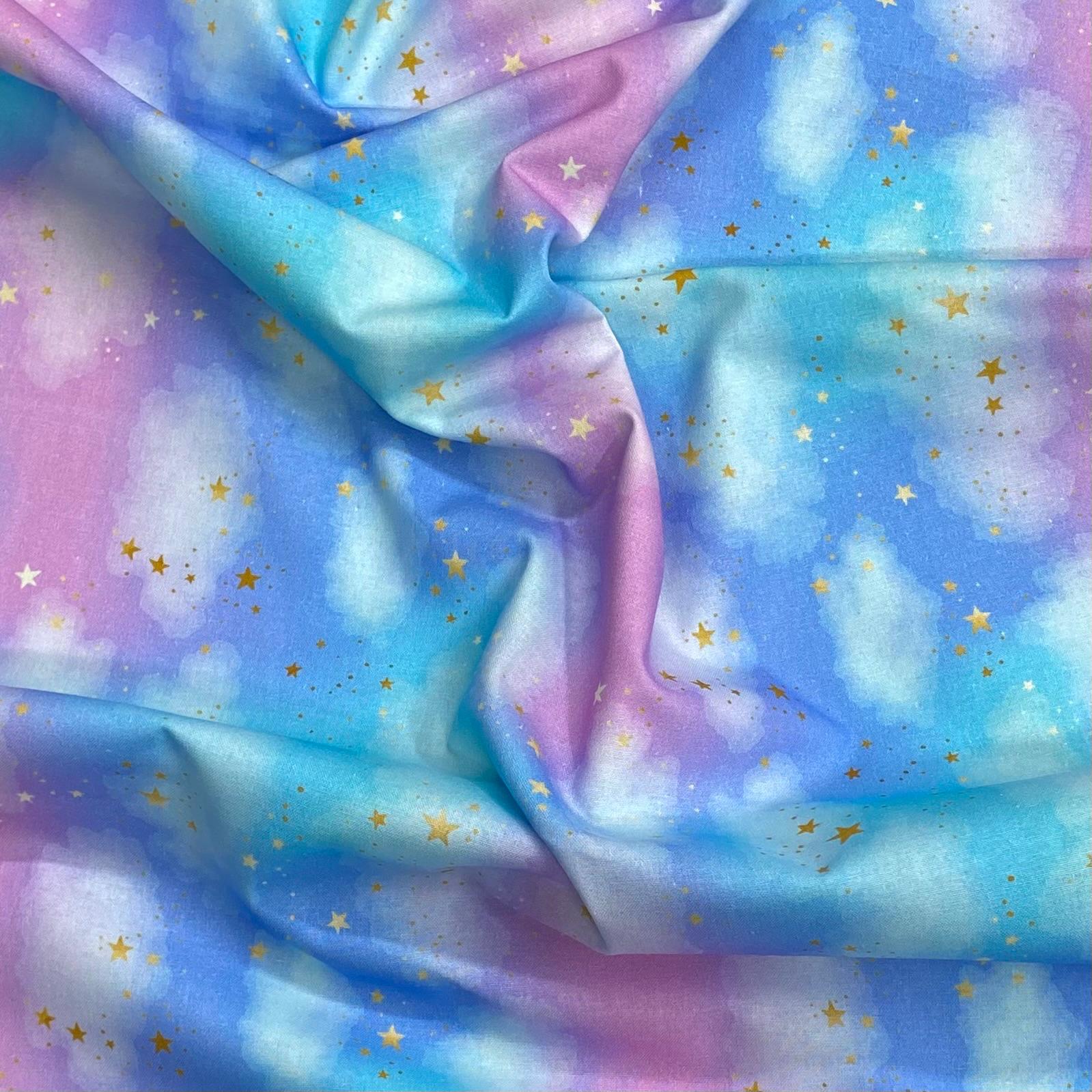 Per Metre Digitally Printed Gold Foil 100% Cotton- 45" Wide (Blue & Pink)